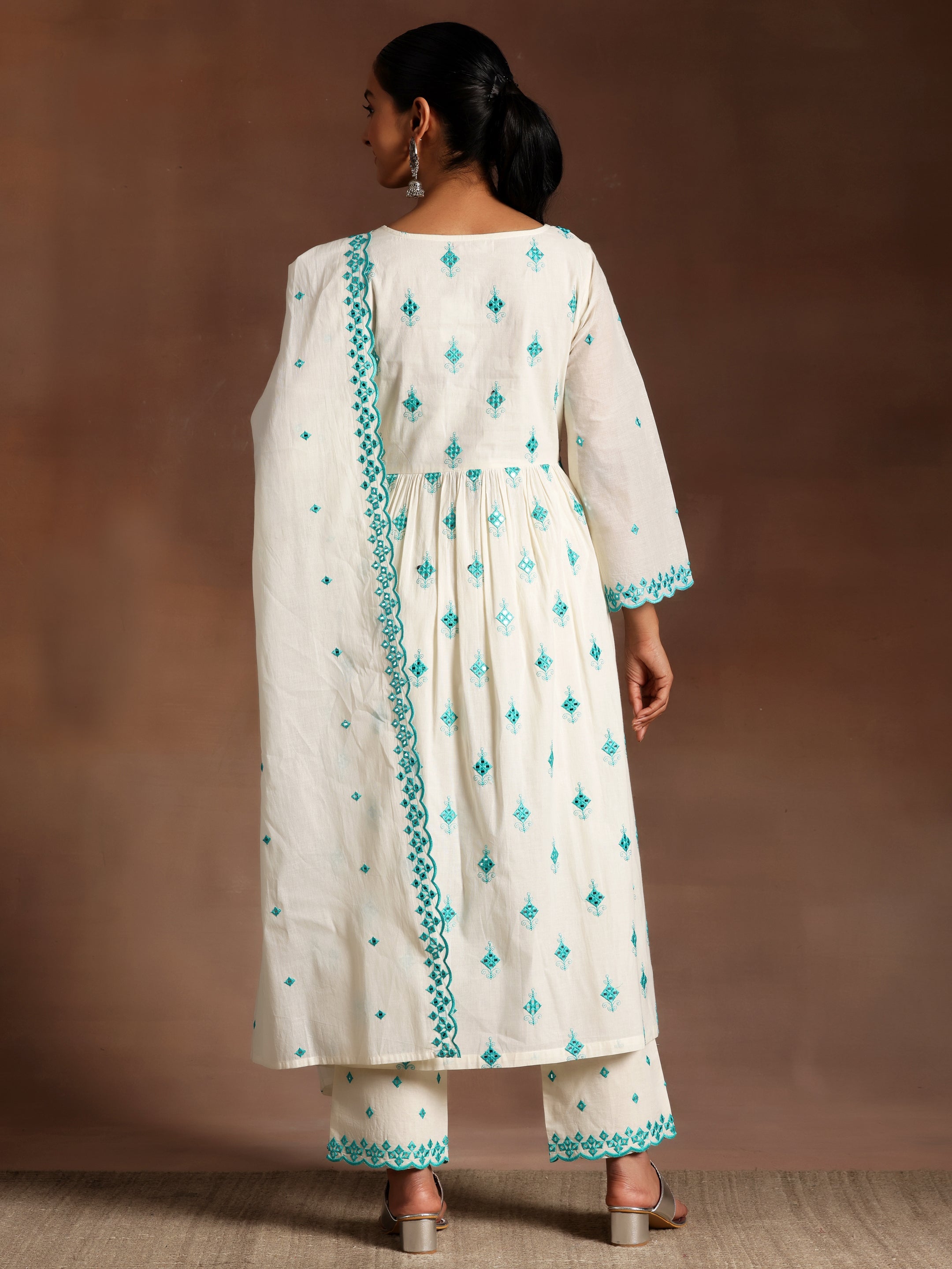 Off White Embroidered Cotton Anarkali Suit With Dupatta