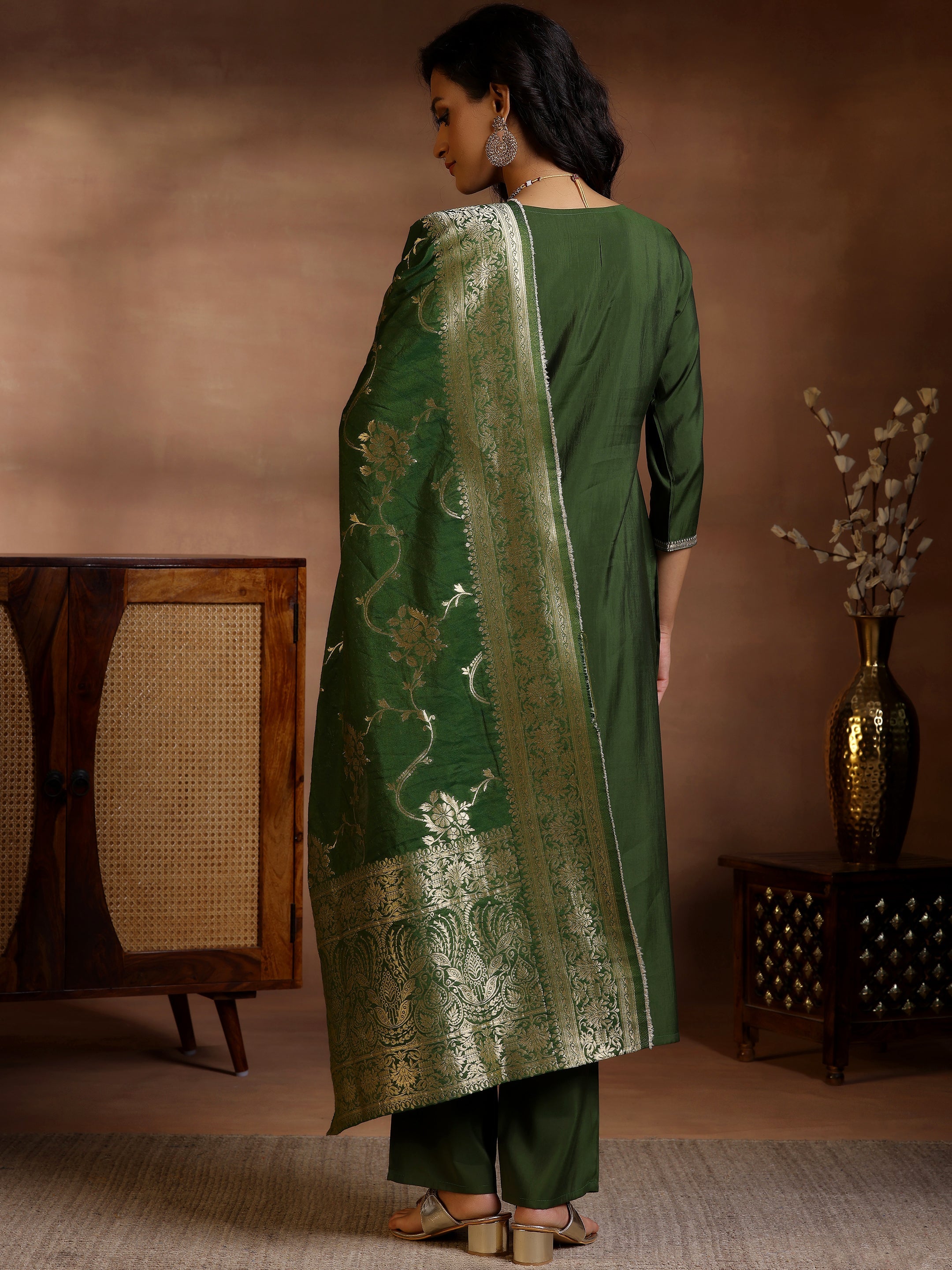 Olive Yoke Design Silk Blend Straight Suits With Dupatta