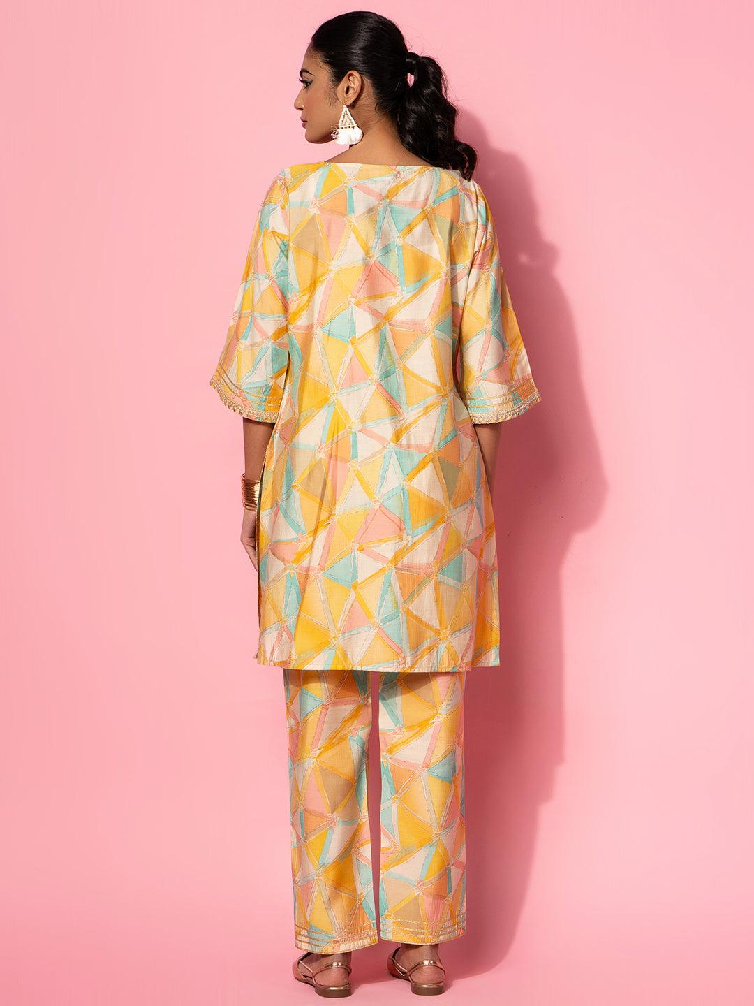 Yellow Printed Silk Blend Co-Ords