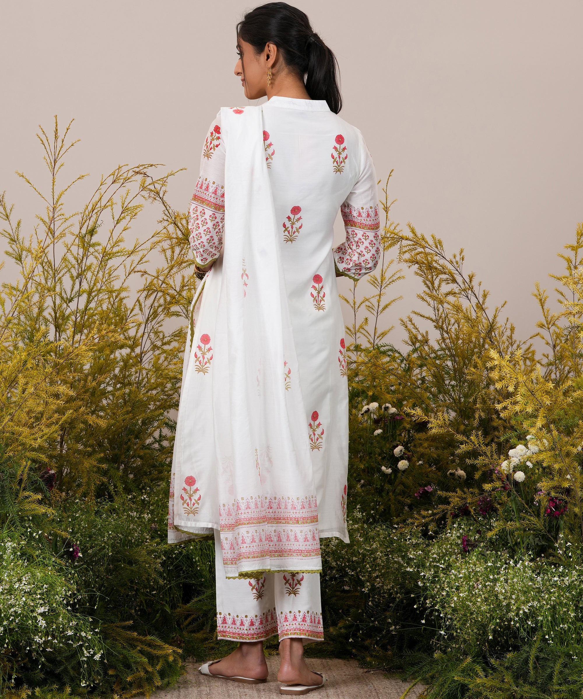 White Printed Chanderi Silk Straight Suit With Dupatta