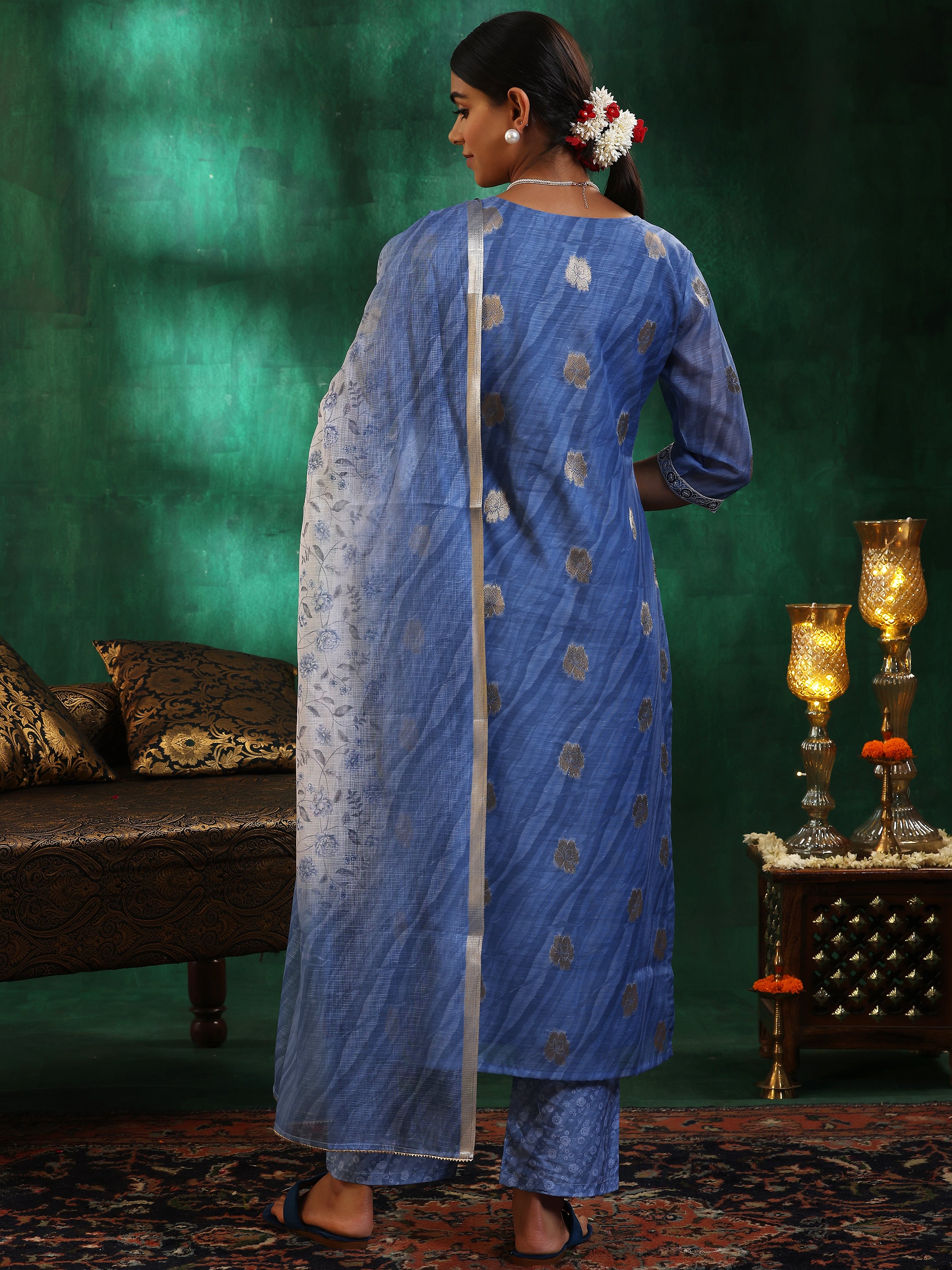 Blue Printed Silk Blend Straight Suit With Dupatta