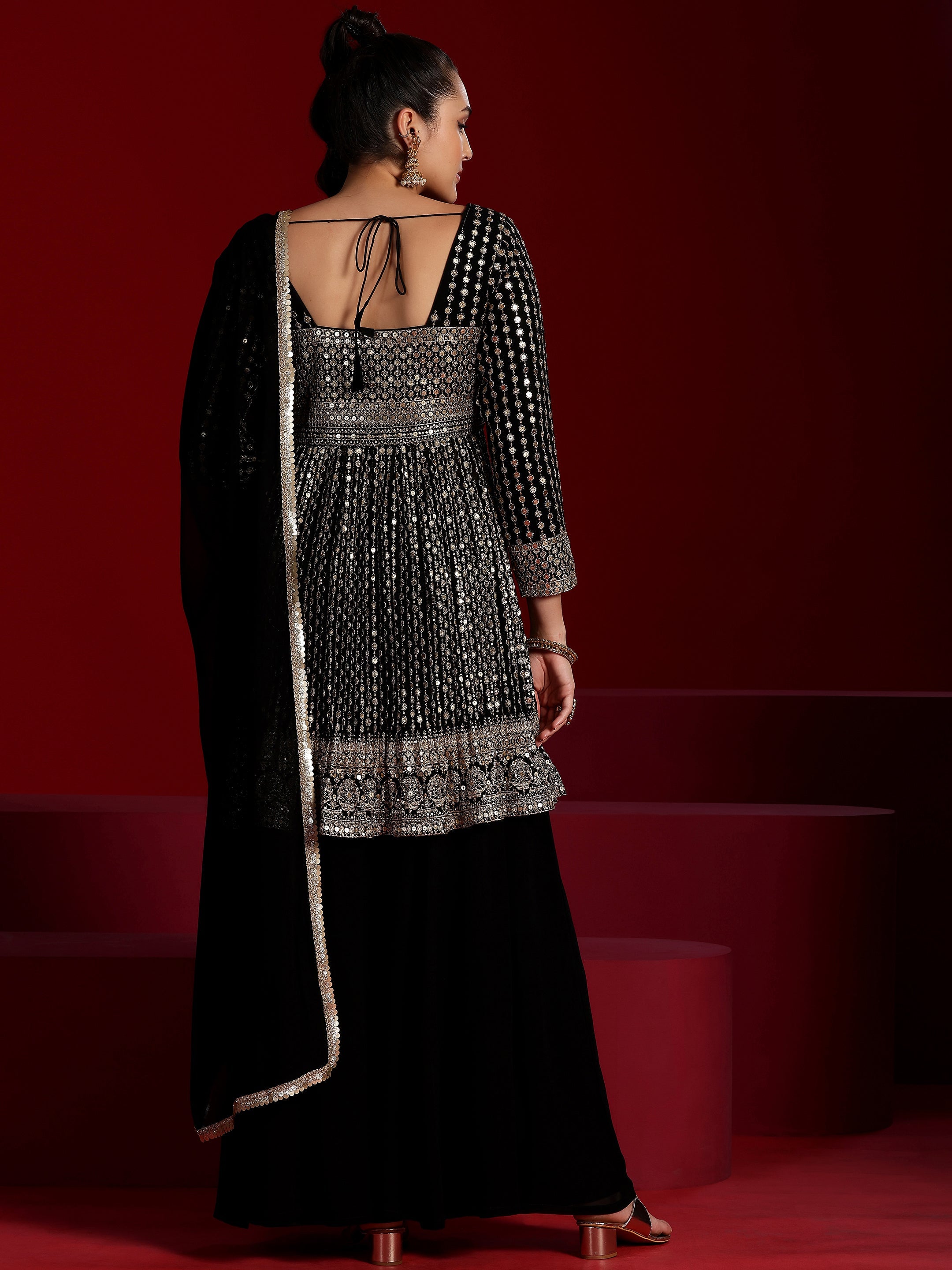 Libas Art Black Embroidered Georgette A-Line Kurta With Palazzos & Dupatta