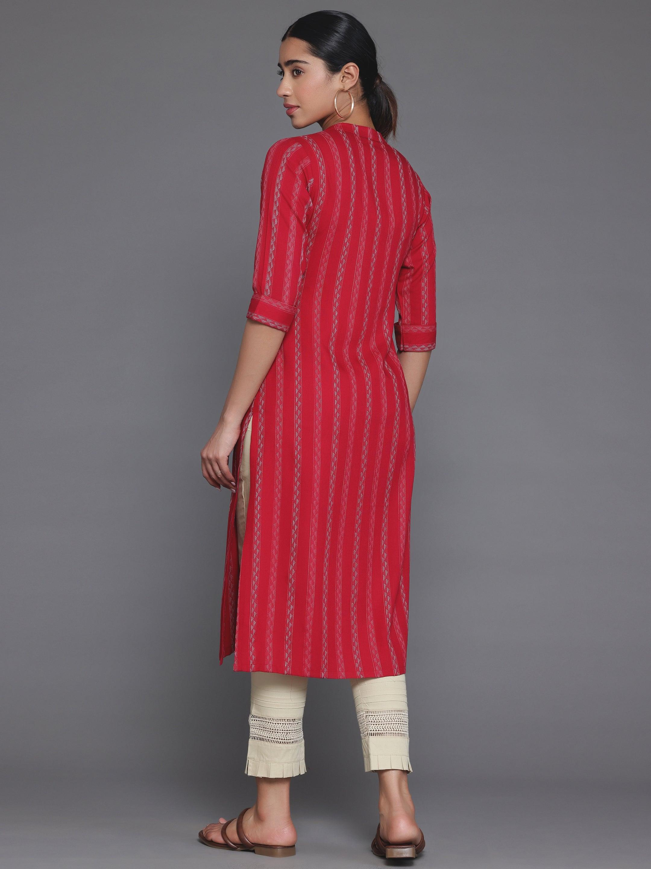 Red Striped Rayon Straight Kurta