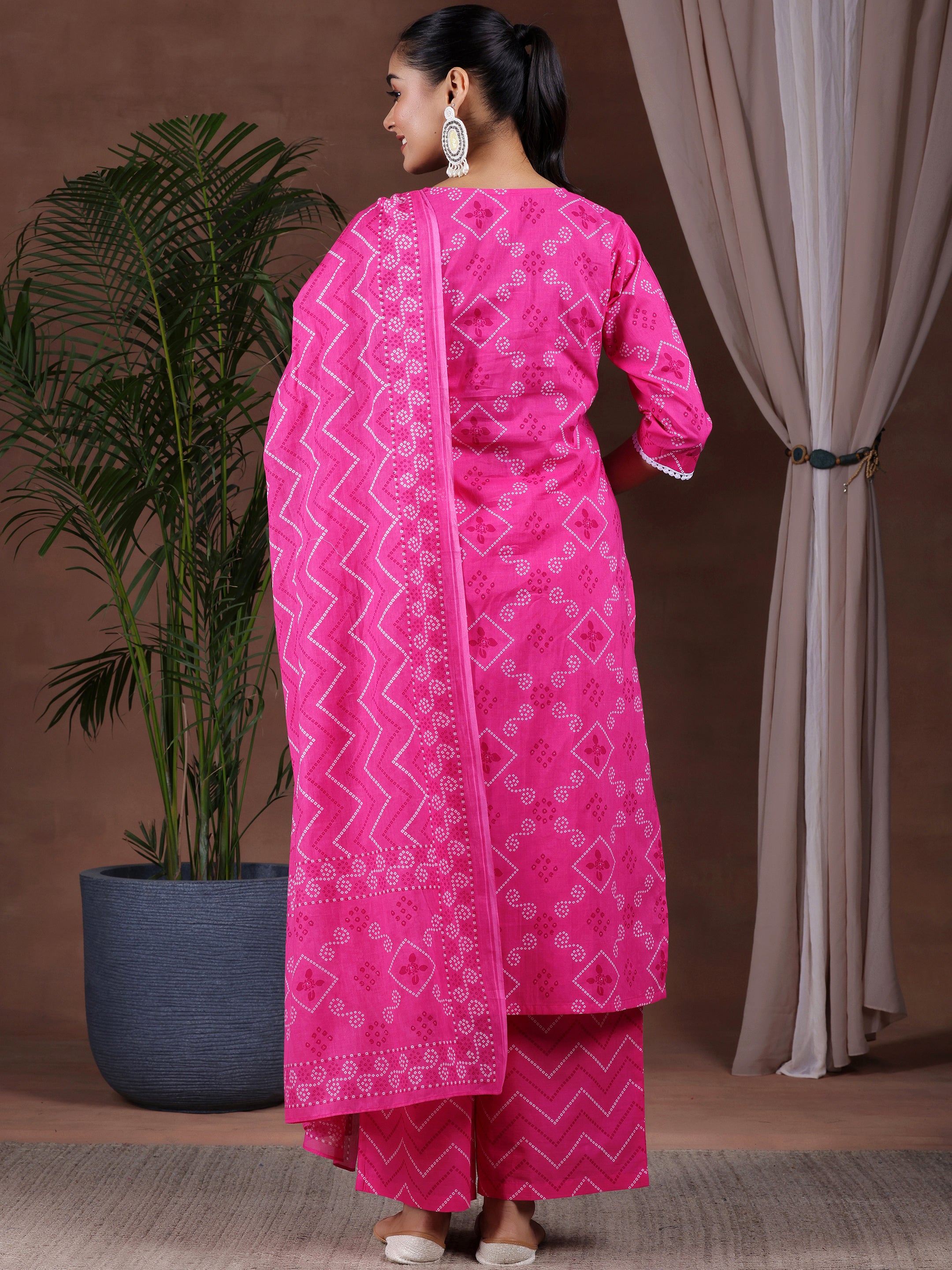 Pink Printed Cotton Straight Suit With Dupatta