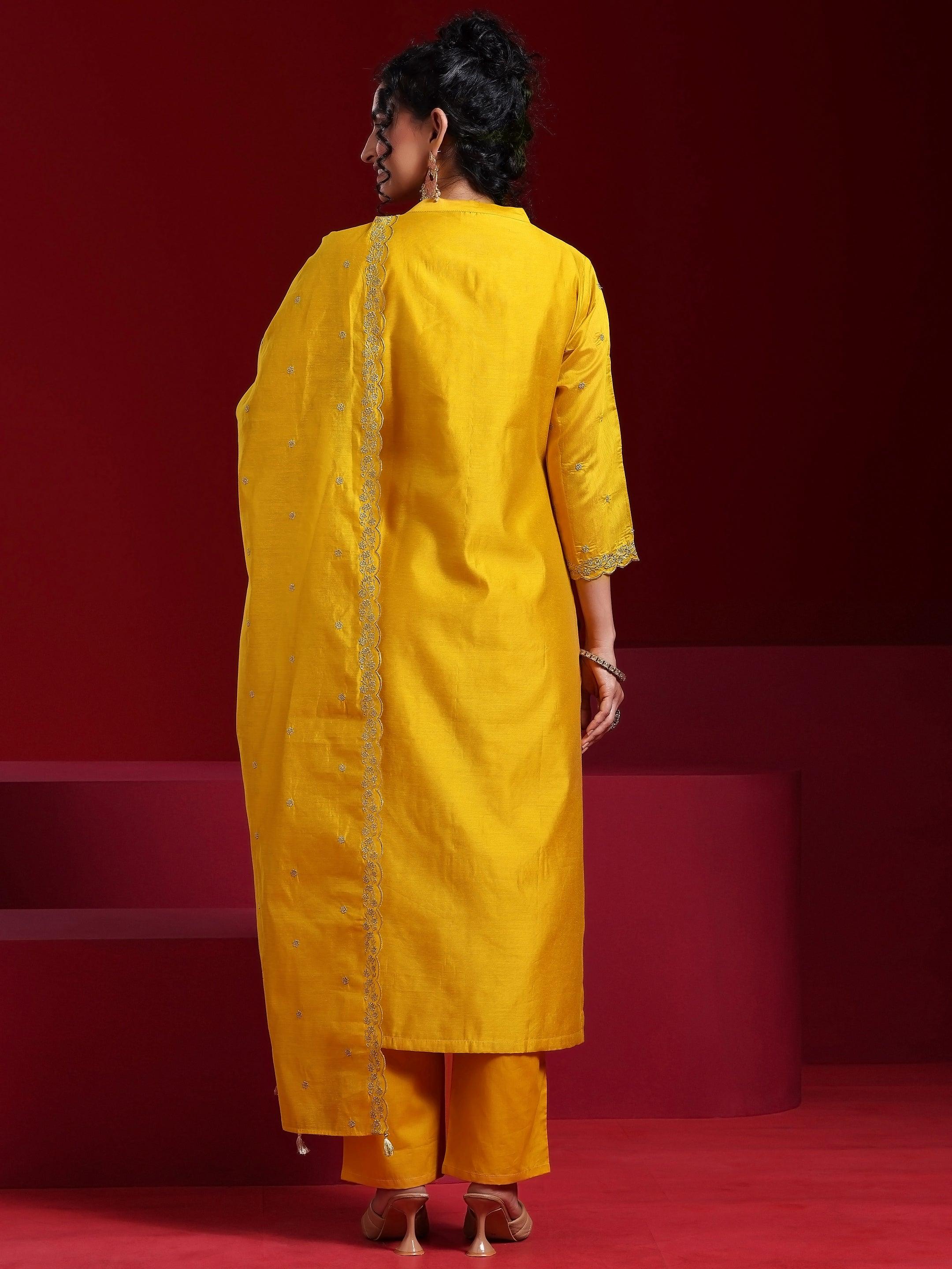 Libas Art Mustard Embroidered Chanderi Silk Straight Suit With Dupatta