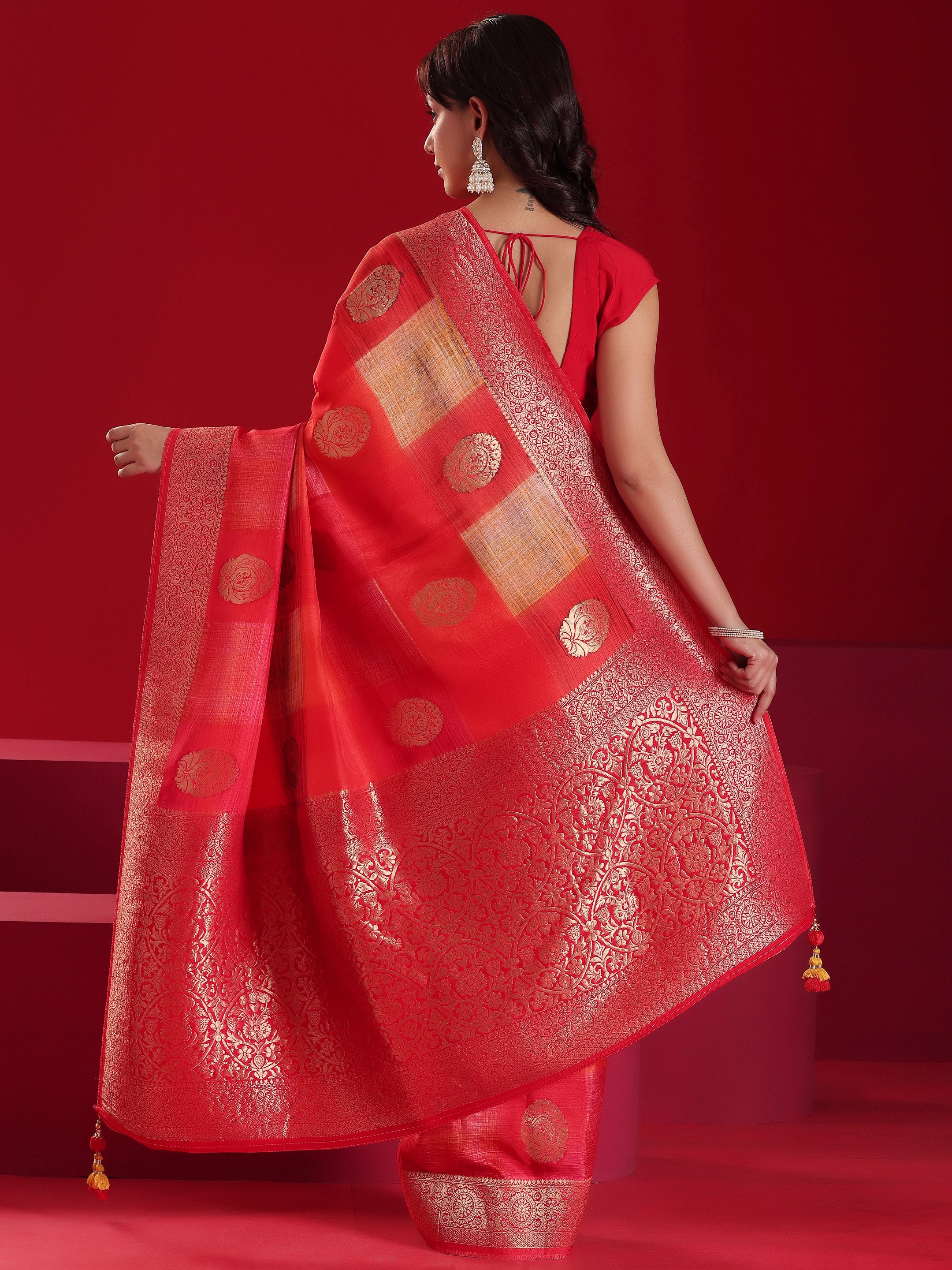 Libas Art Red Orange Woven Design Satin Saree With Unstitched  Blouse Piece