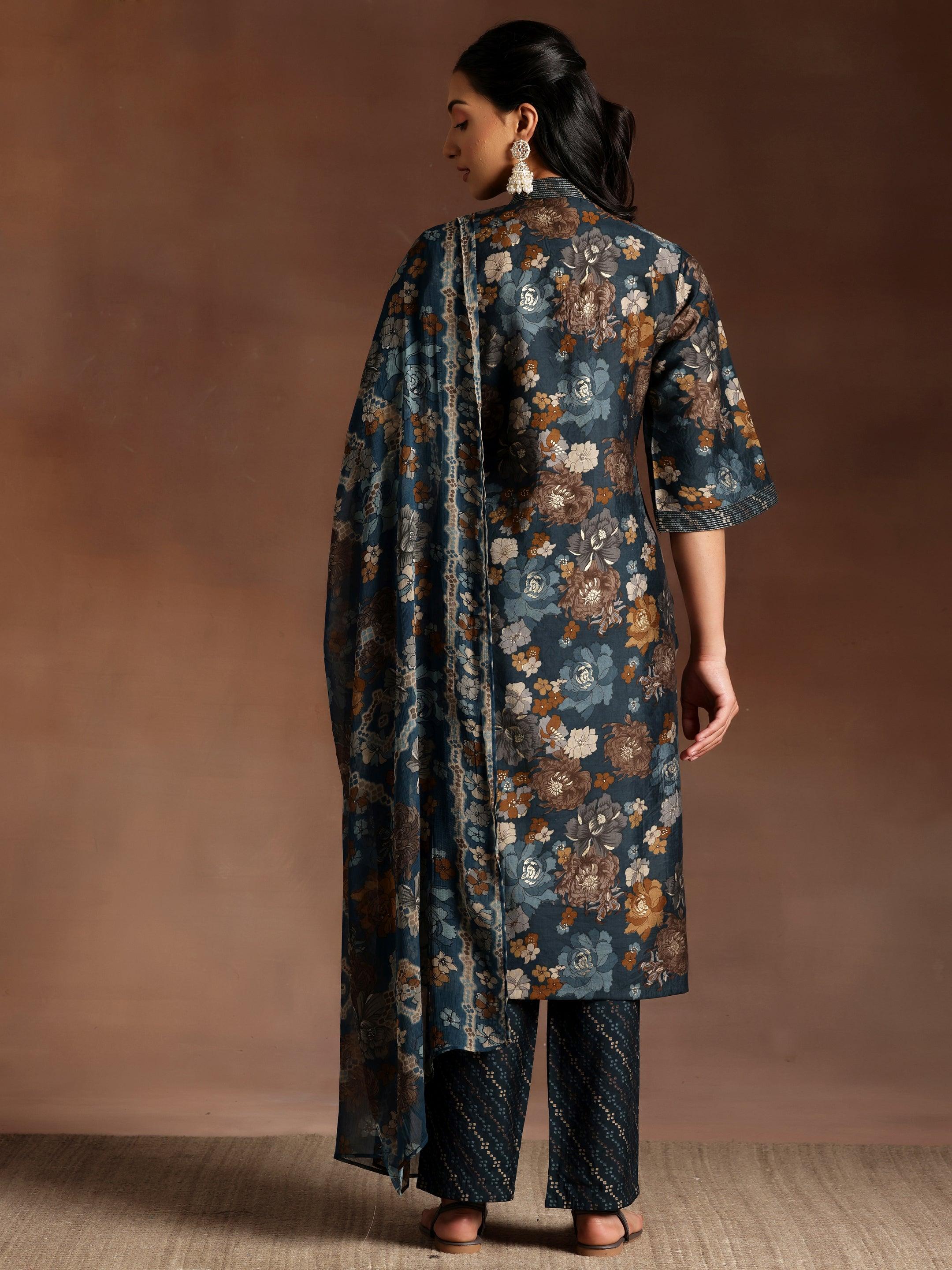 Blue Printed Silk Blend Straight Suit With Dupatta