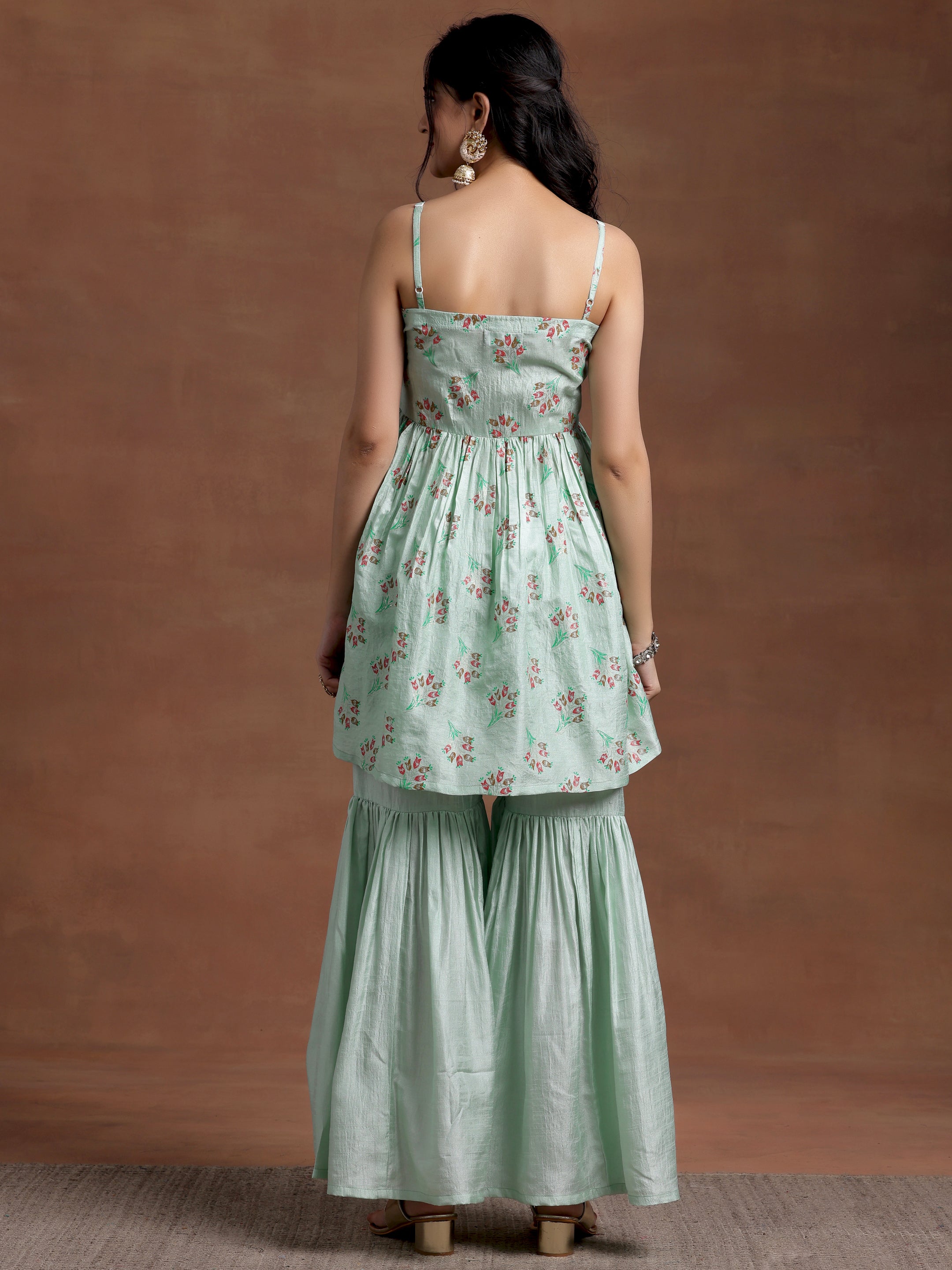 Sea Green Printed Silk Blend A-Line Kurta With Sharara