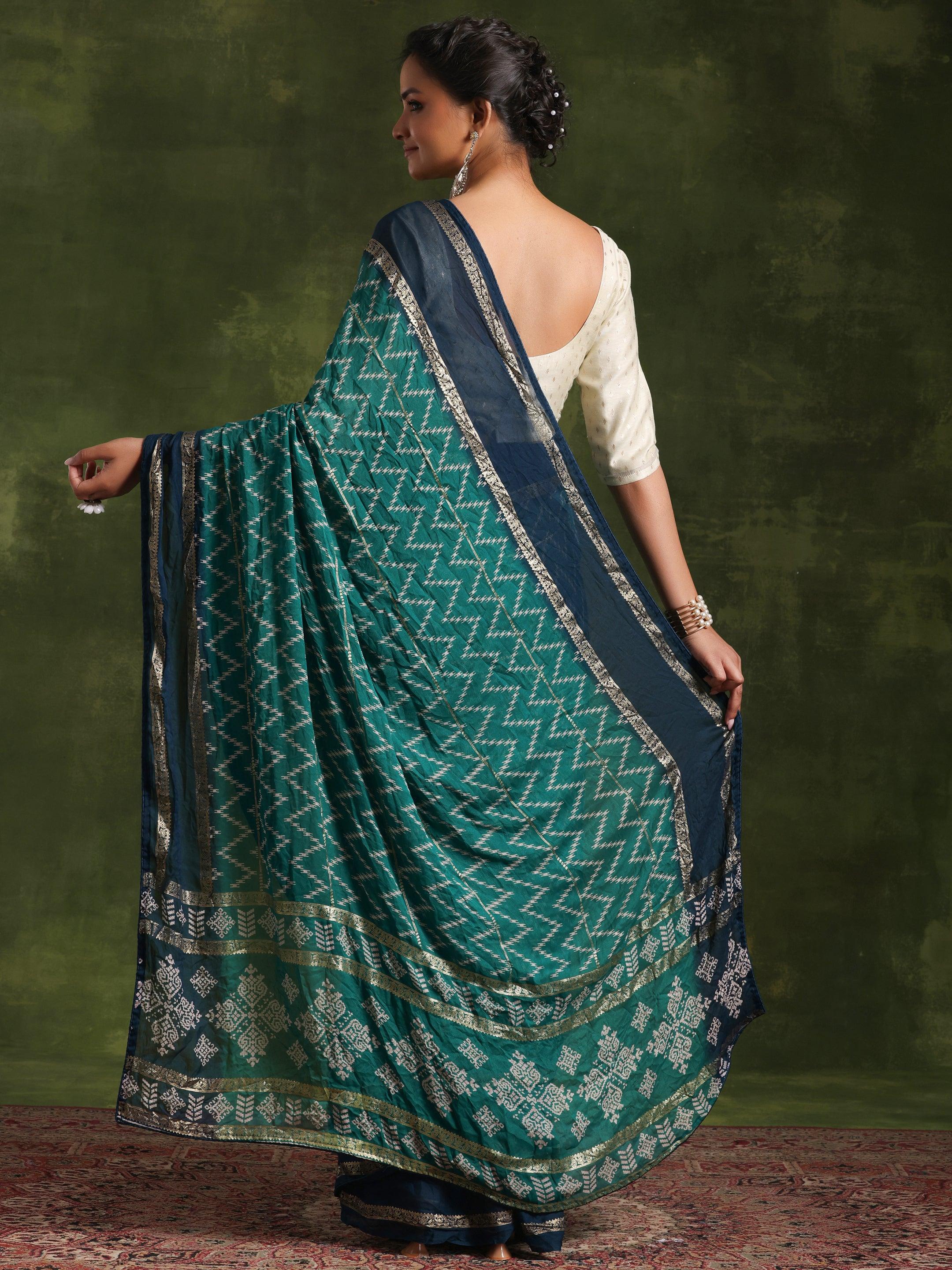 Green Printed Poly Georgette Saree With Unstitched Blouse Piece