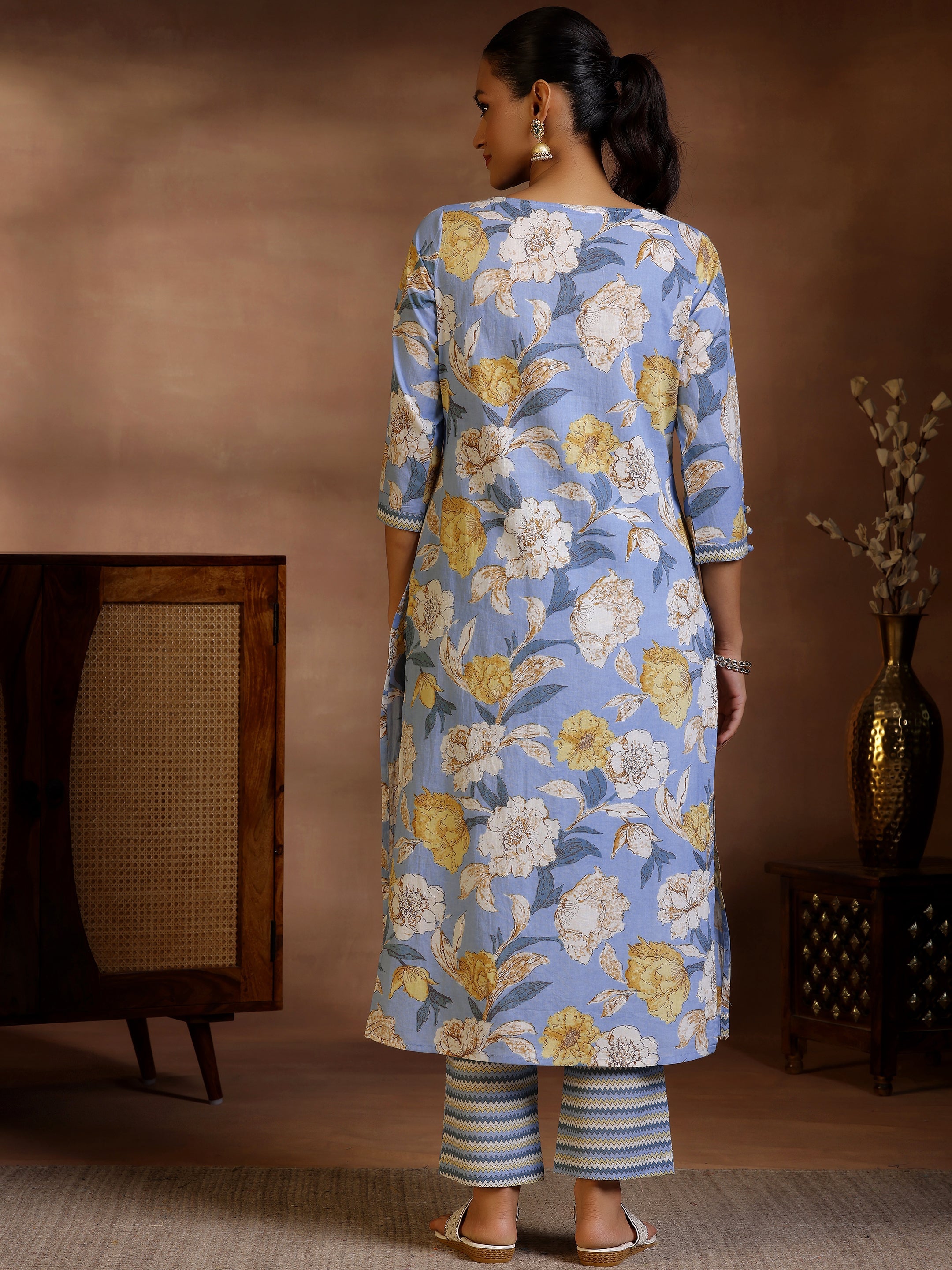 Blue Printed Cotton Straight Kurta Set