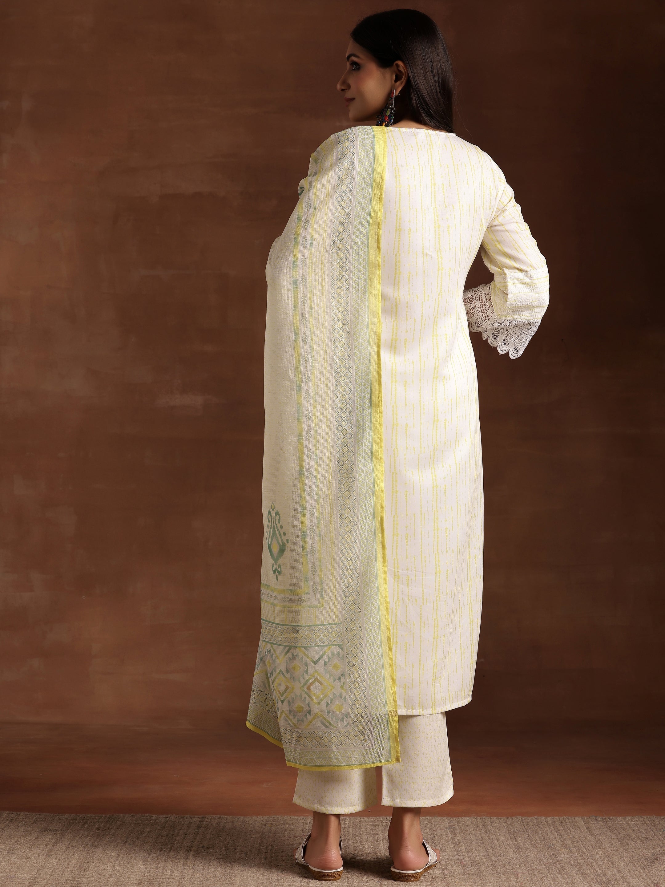 Off White Embroidered Cotton Blend Straight Suit With Dupatta