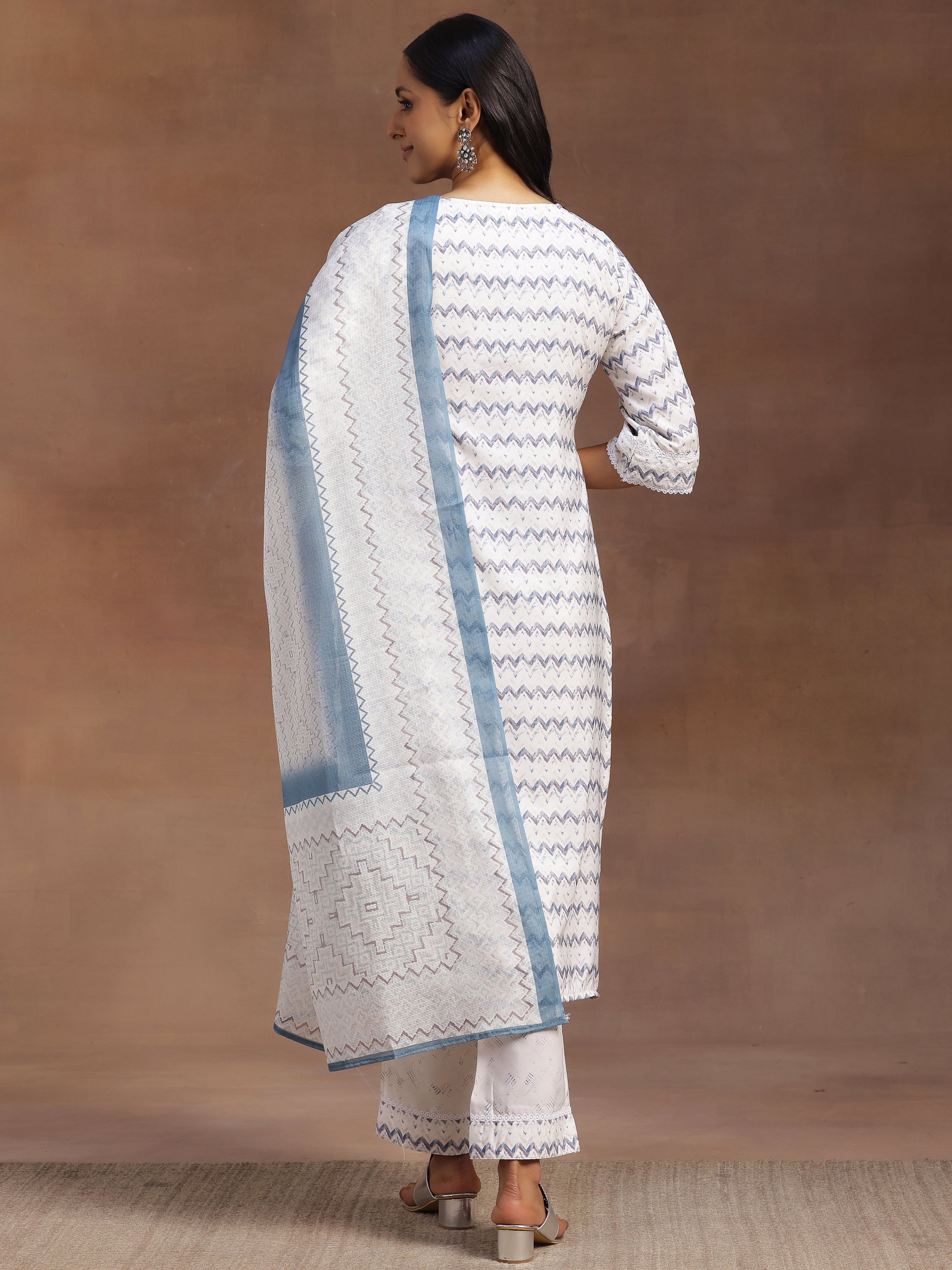 Off White Embroidered Cotton Blend Straight Suit With Dupatta