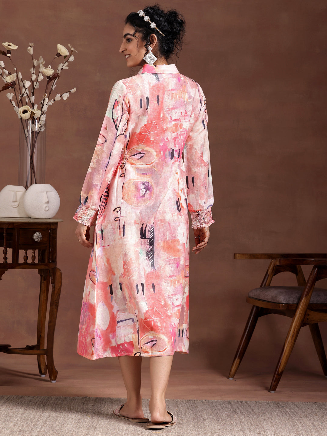 Peach Printed Linen A-Line Dress