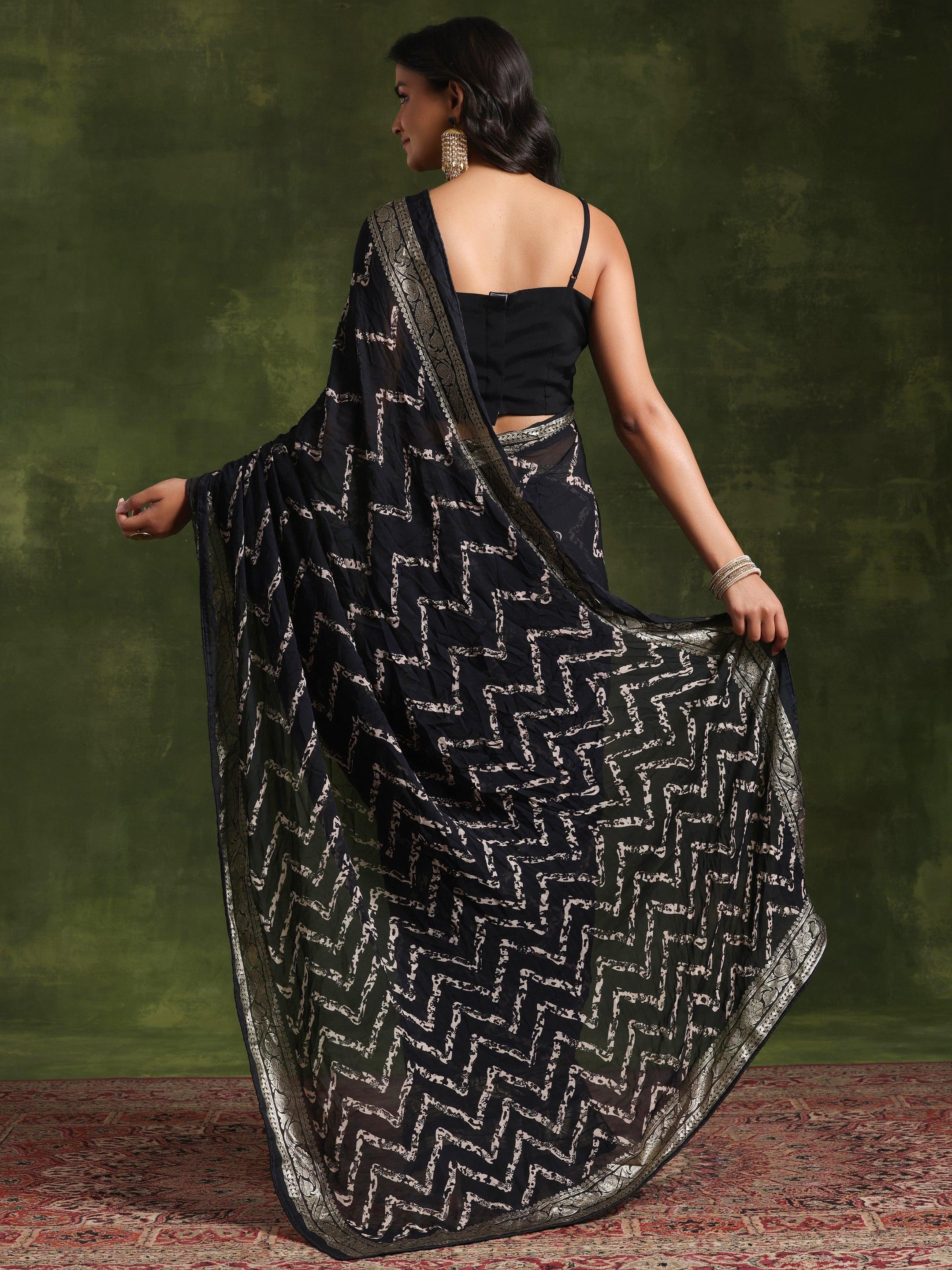 Black Printed Poly Georgette Saree With Unstitched Blouse Piece