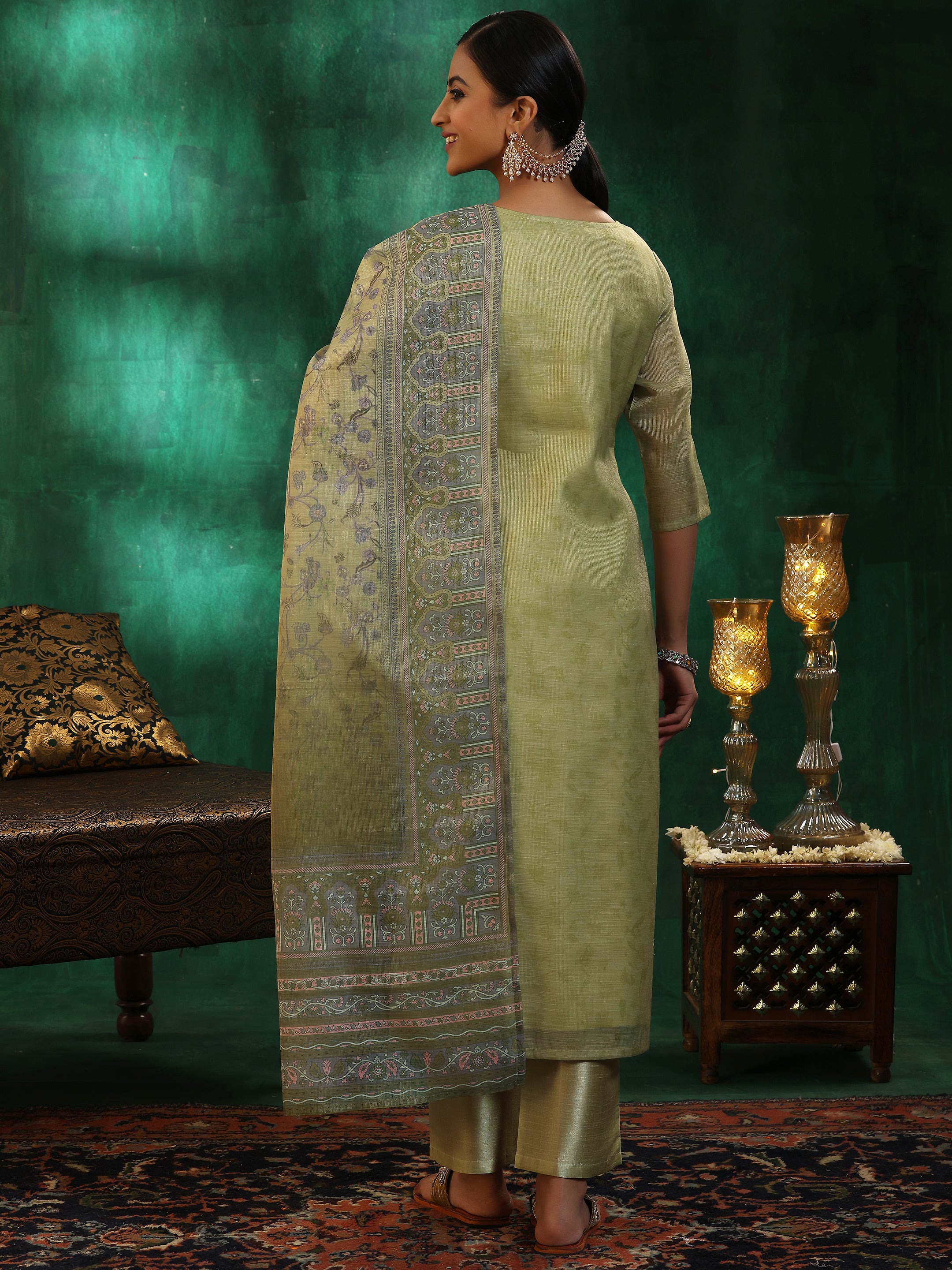 Green Yoke Design Silk Blend Straight Suit With Dupatta