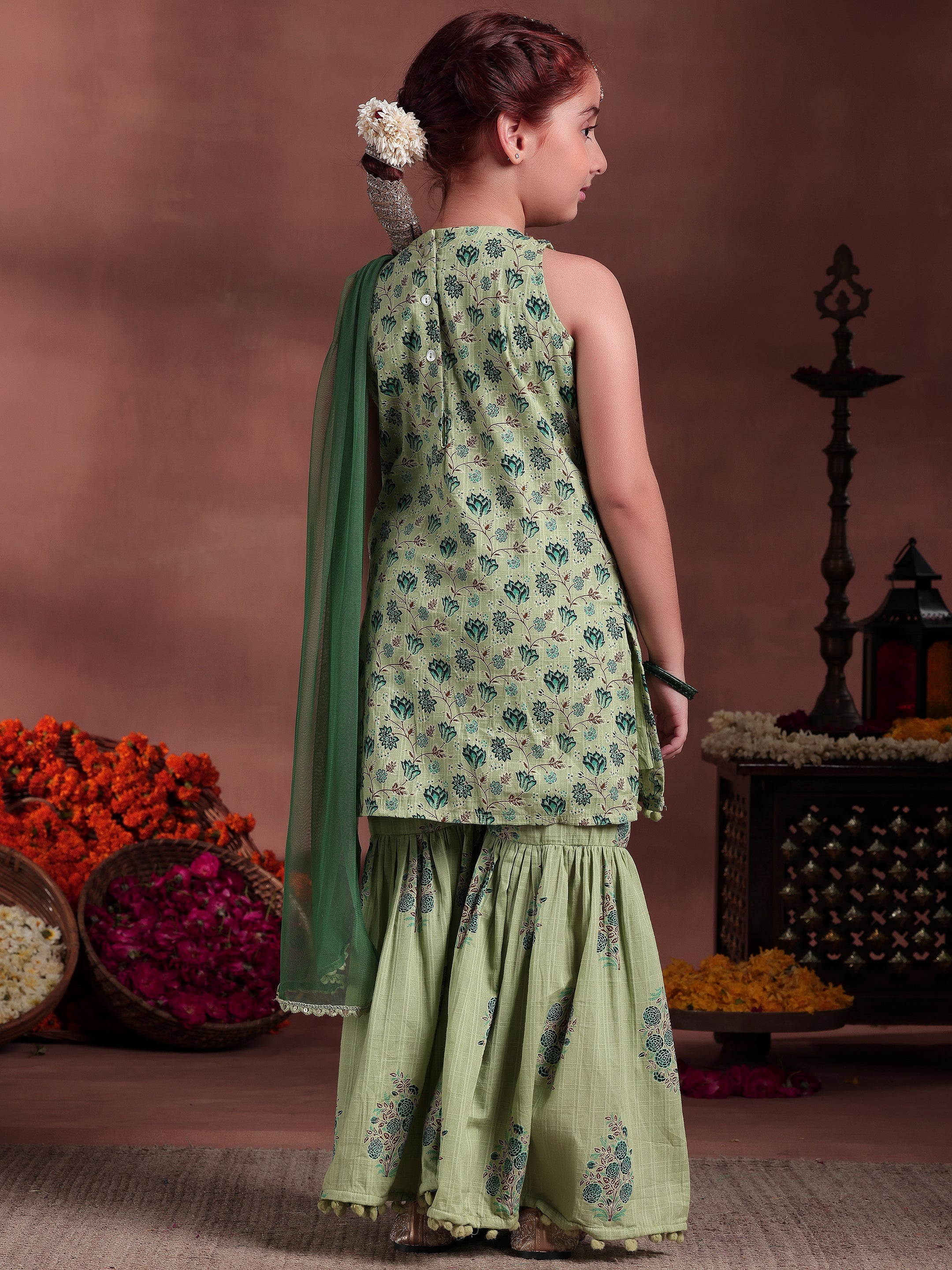 Kids Green Printed Cotton Straight Suit With Dupatta