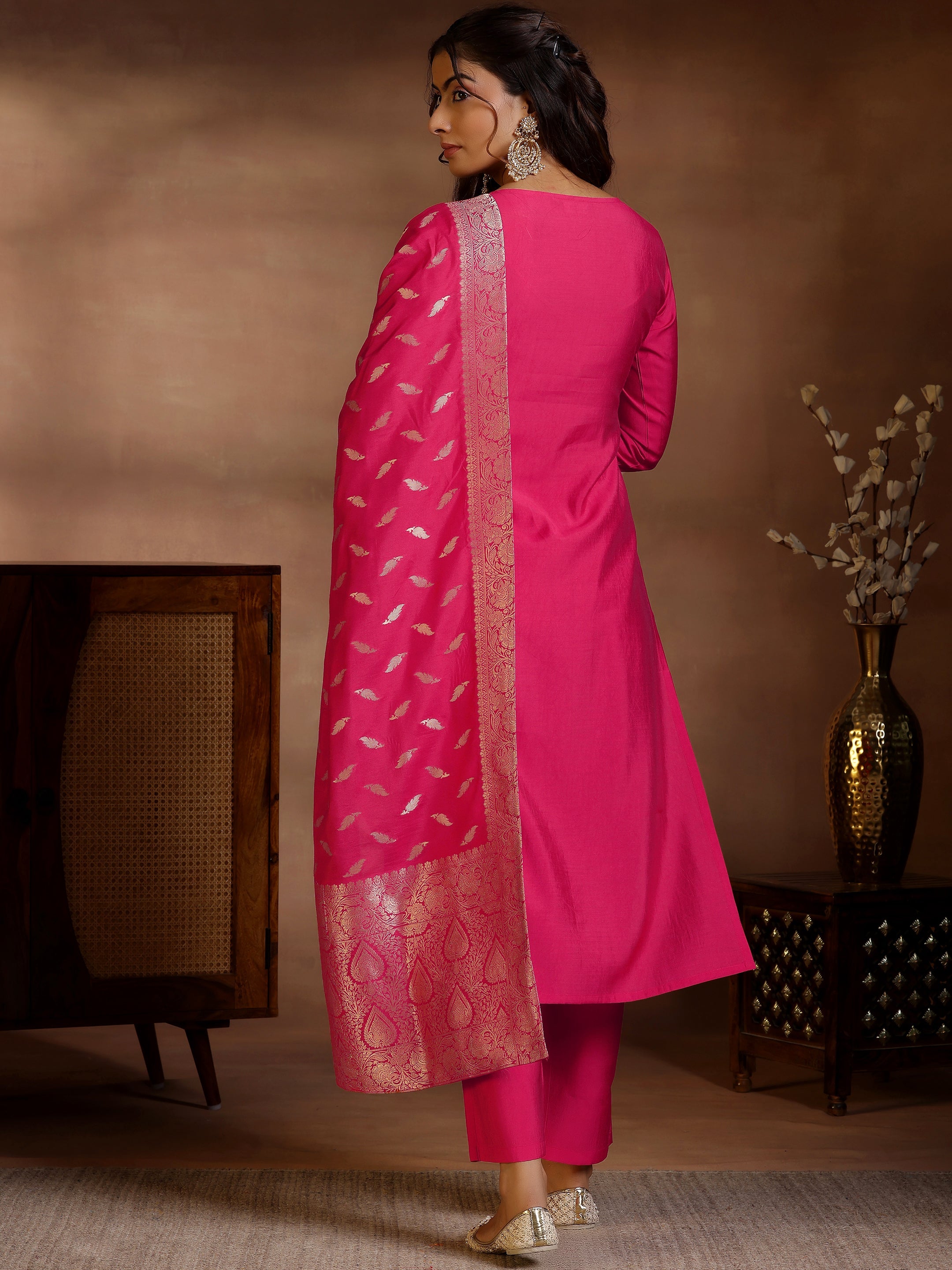 Pink Yoke Design Silk Blend Straight Suits With Dupatta