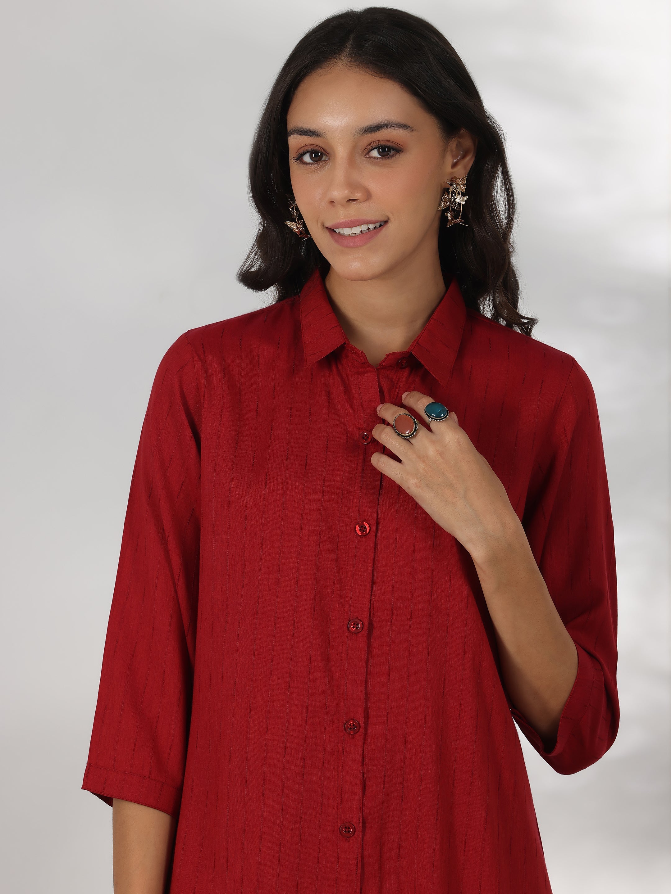 Red Self Design Rayon Straight Tunic