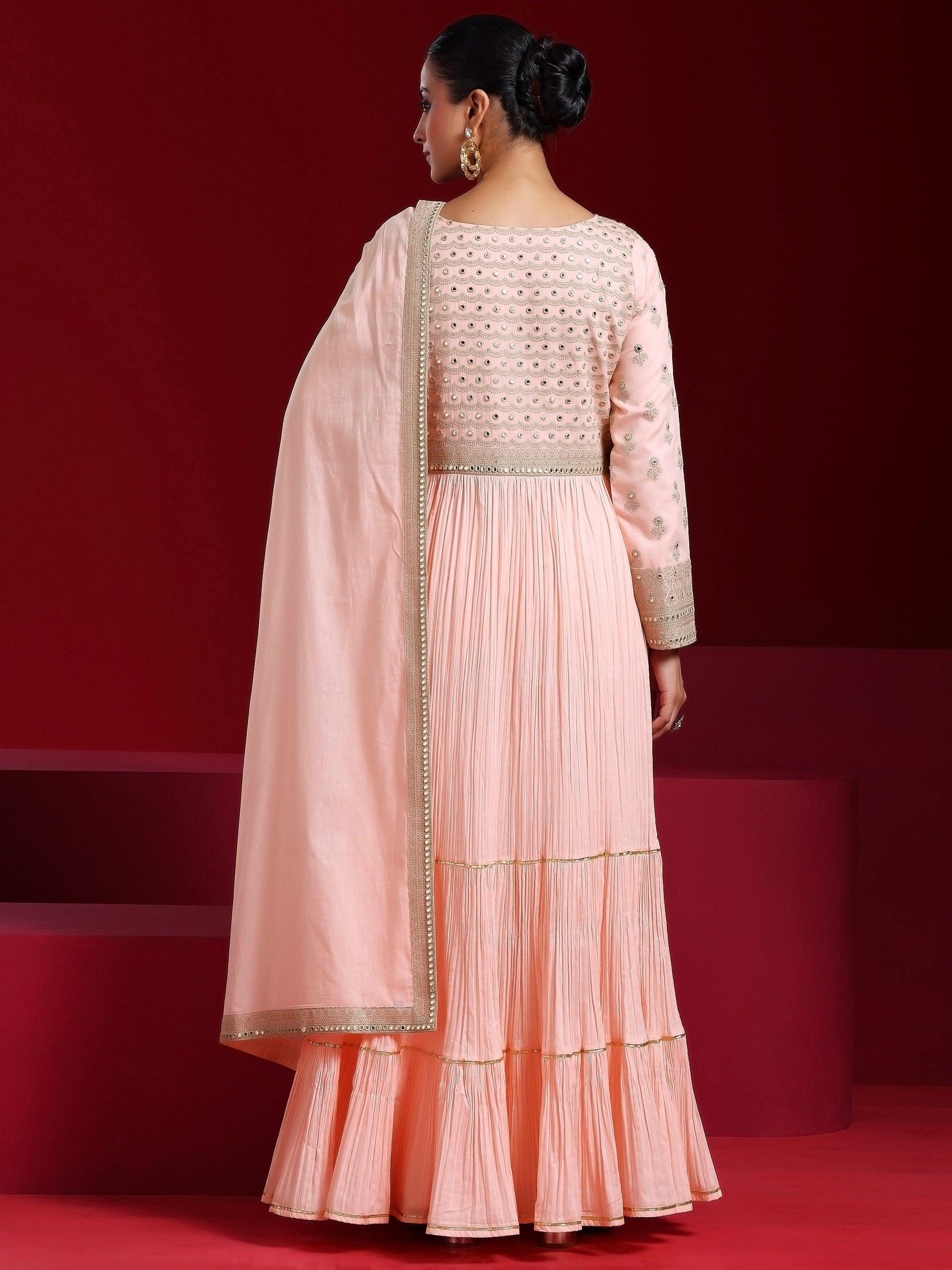 Libas Art Peach Embroidered Cotton Blend A-Line Kurta With Sharara & Dupatta