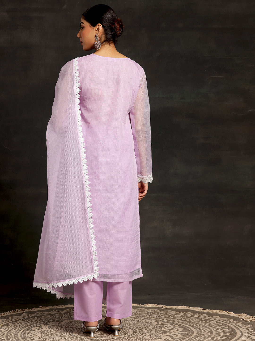 Lavender Embroidered Cotton Straight Suit With Dupatta