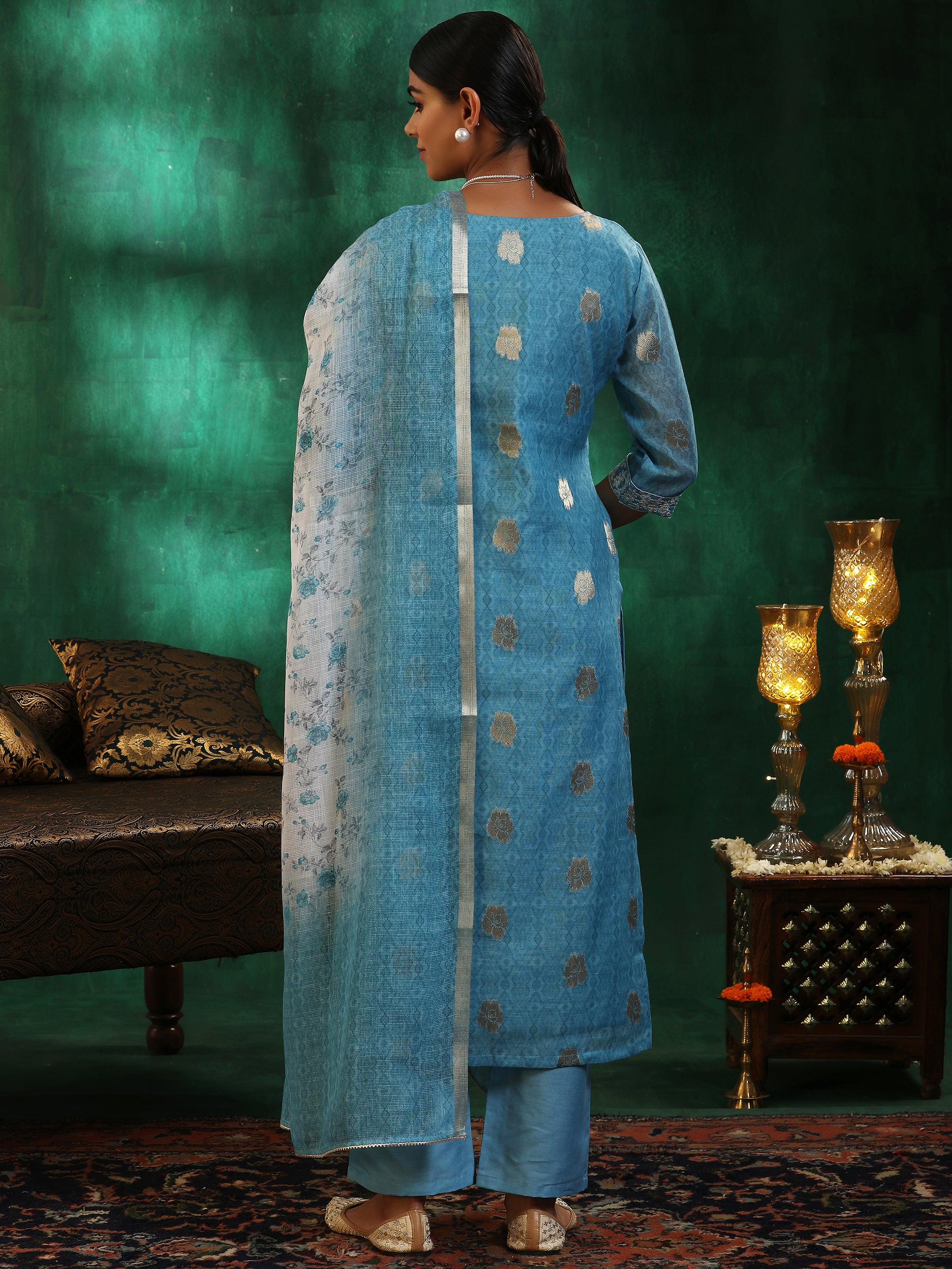 Turquoise Blue Printed Silk Blend Straight Suit With Dupatta