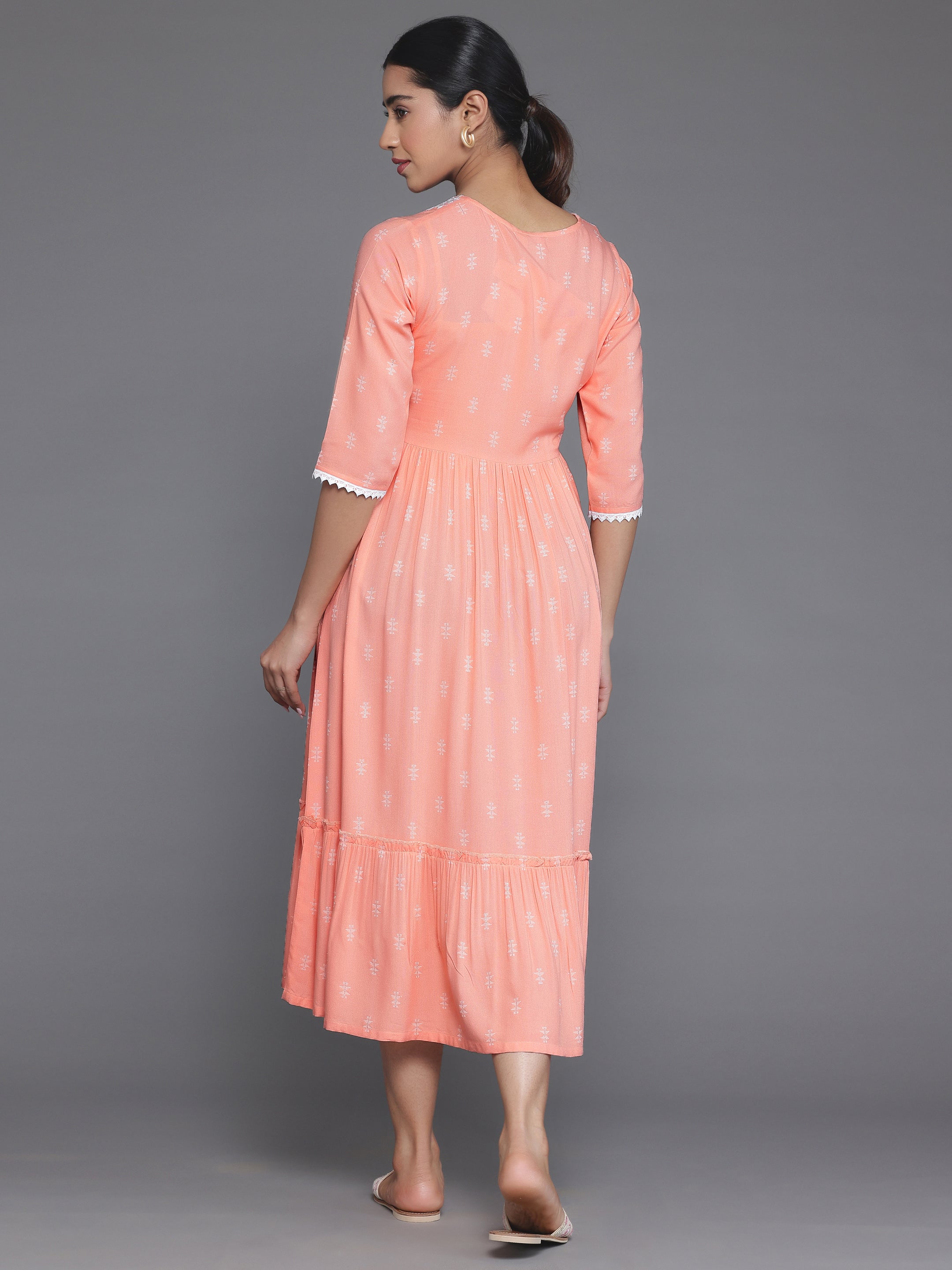 Peach Self Design Viscose Rayon A-Line Dress