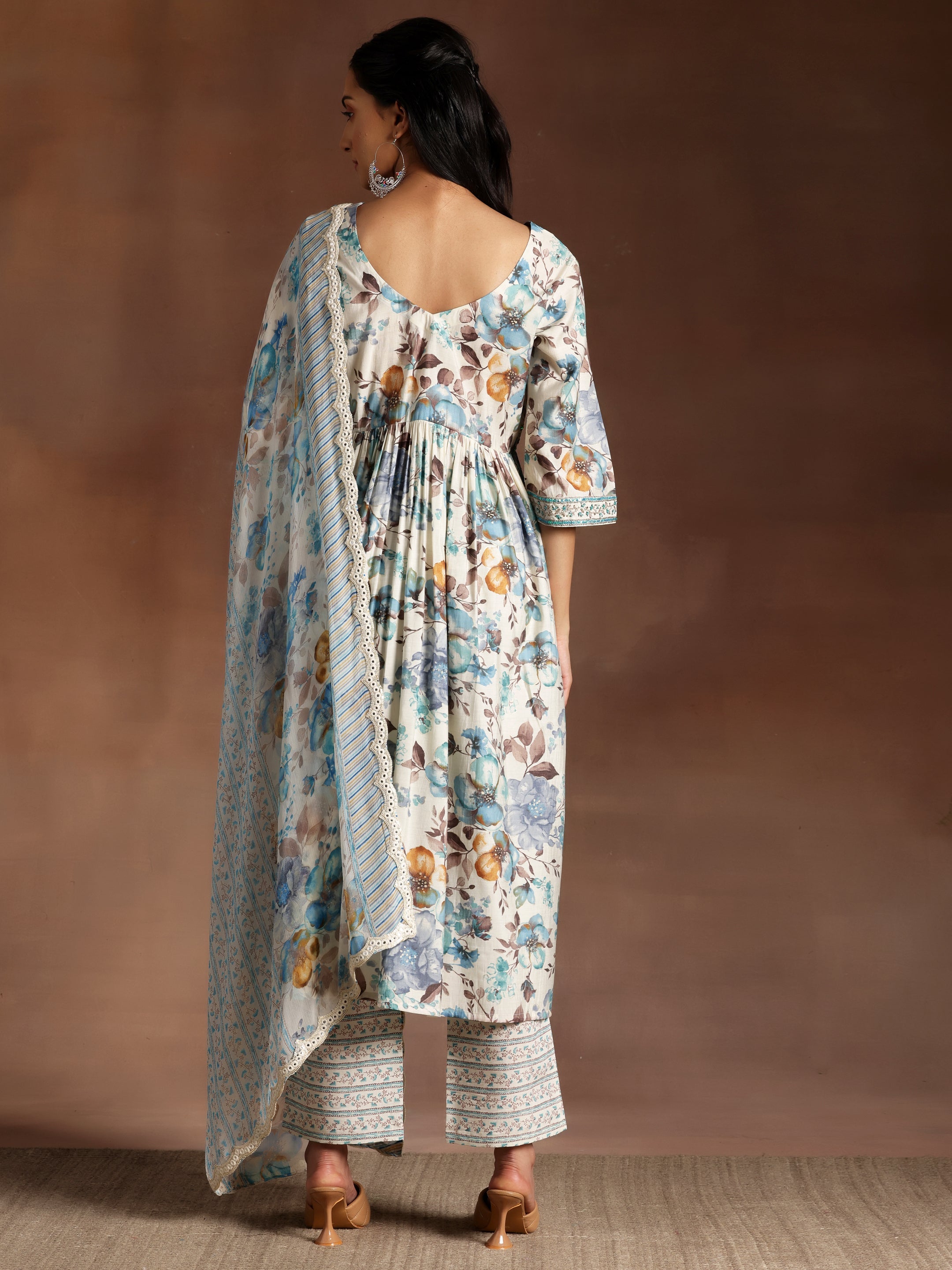 Off white Printed Silk Blend A-Line Kurta With Palazzos & Dupatta