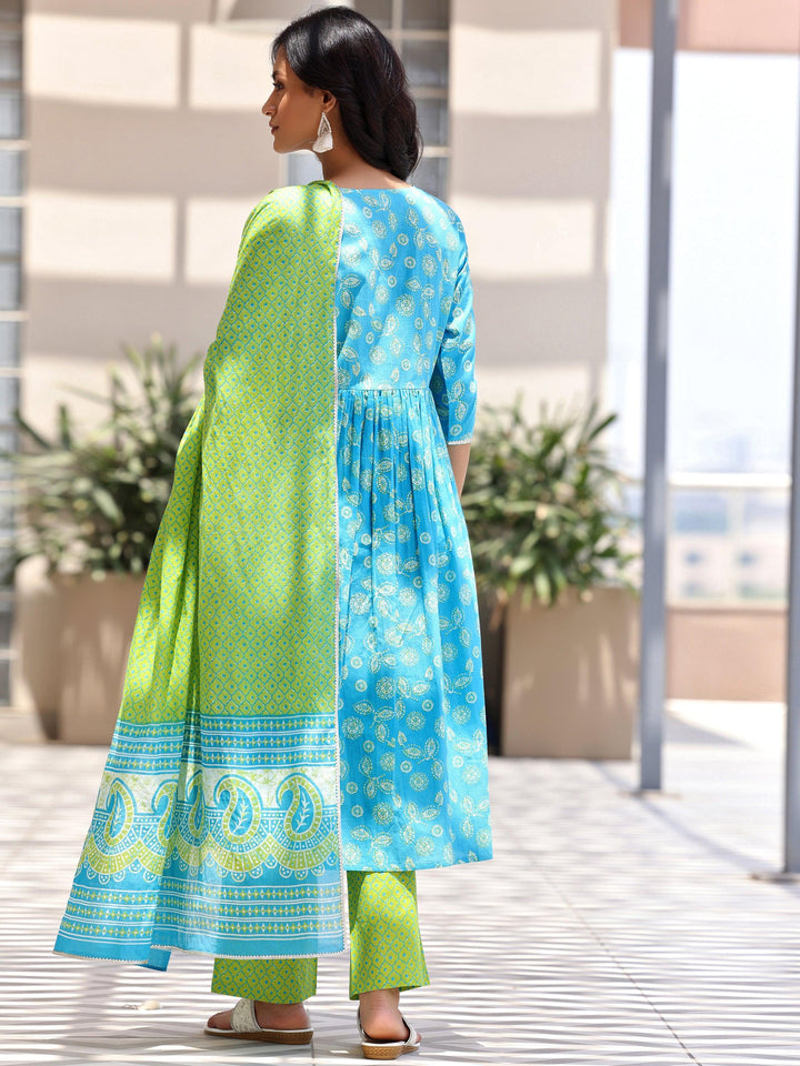 Blue Printed Cotton A-Line Kurta With Palazzos & Dupatta - Libas