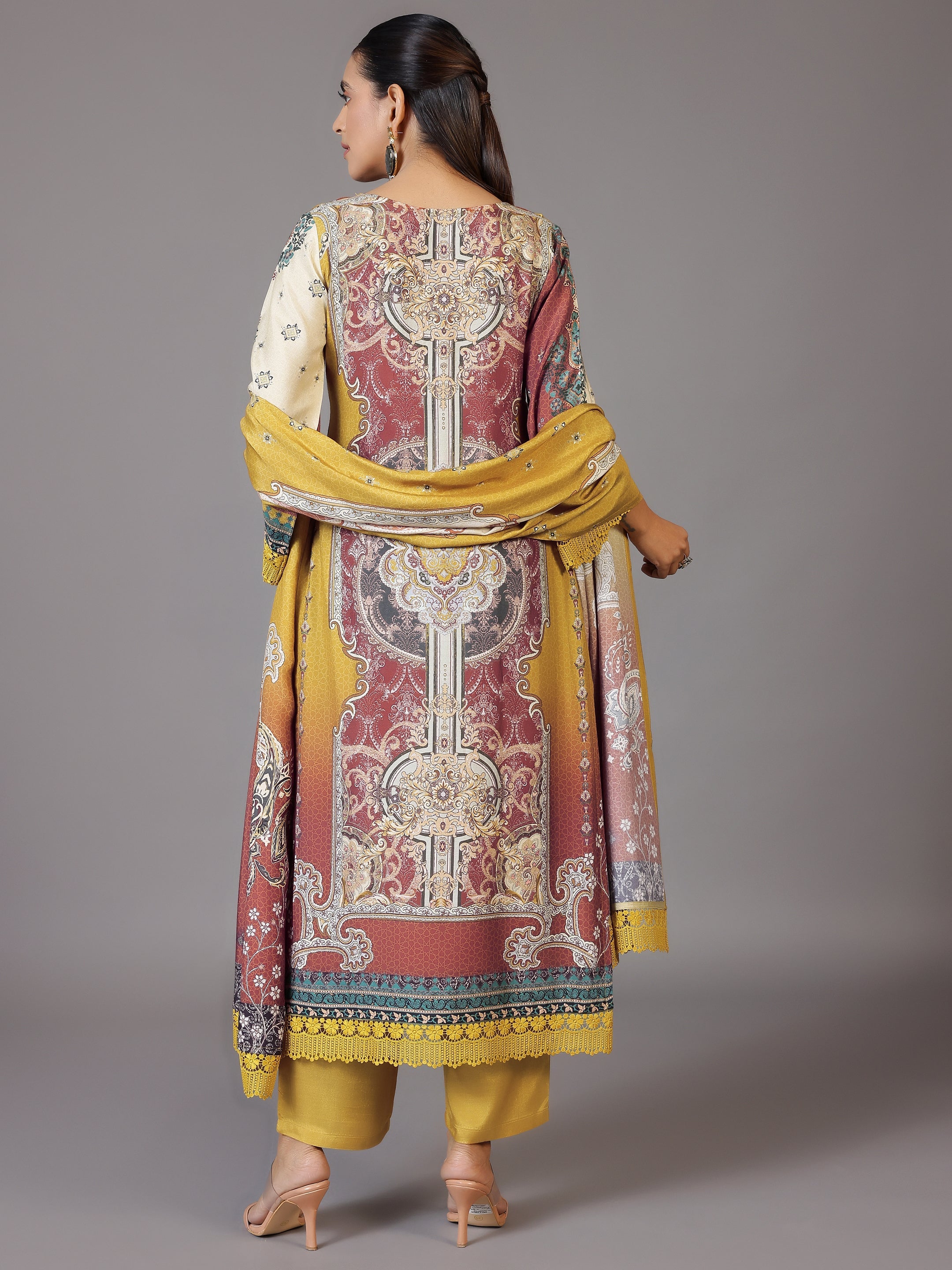 Mustard Printed Silk Blend Straight Suit With Dupatta