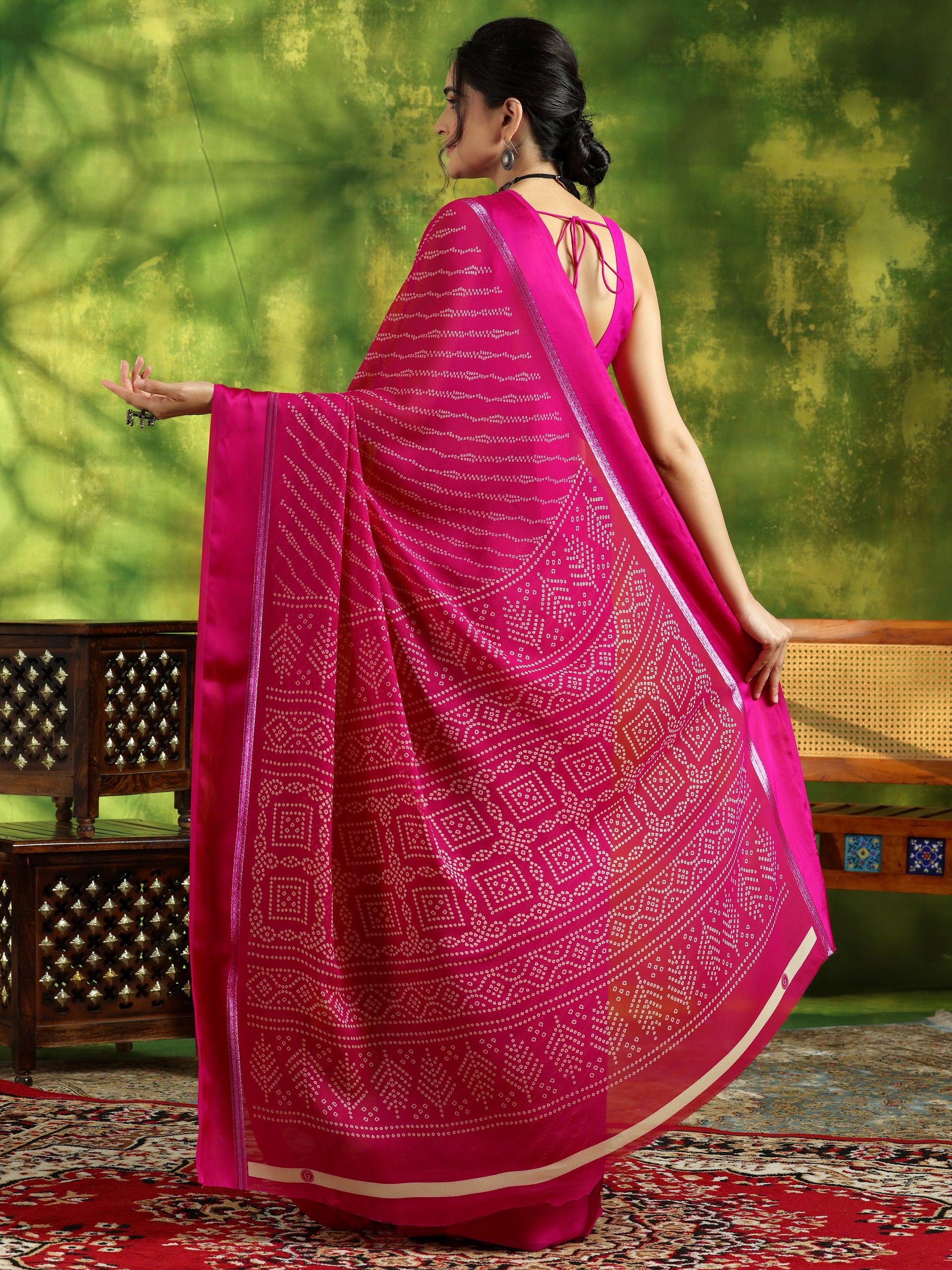 Pink Printed Satin Saree With Unstitched Blouse Piece