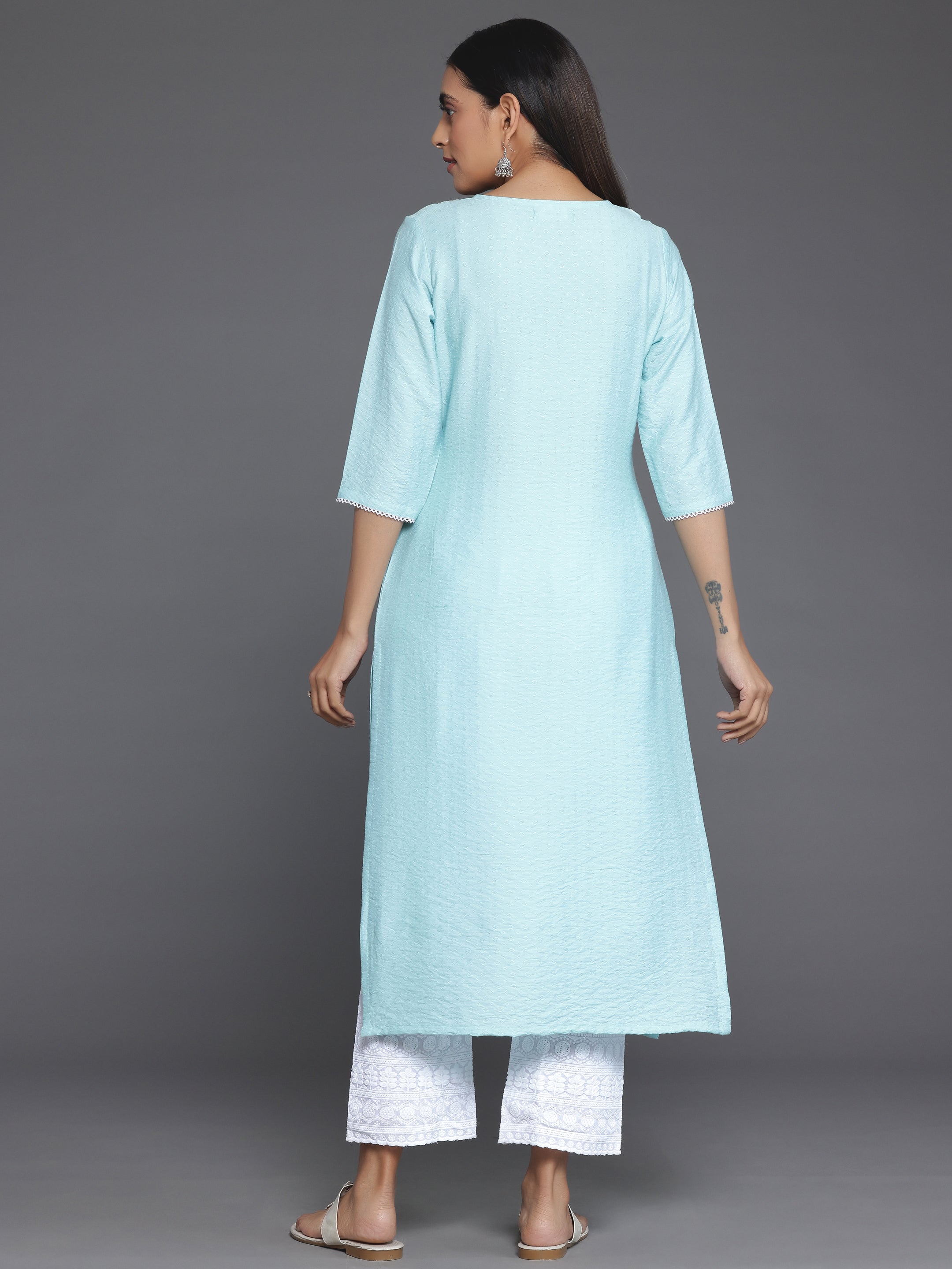 Blue Yoke Design Silk Straight Kurta