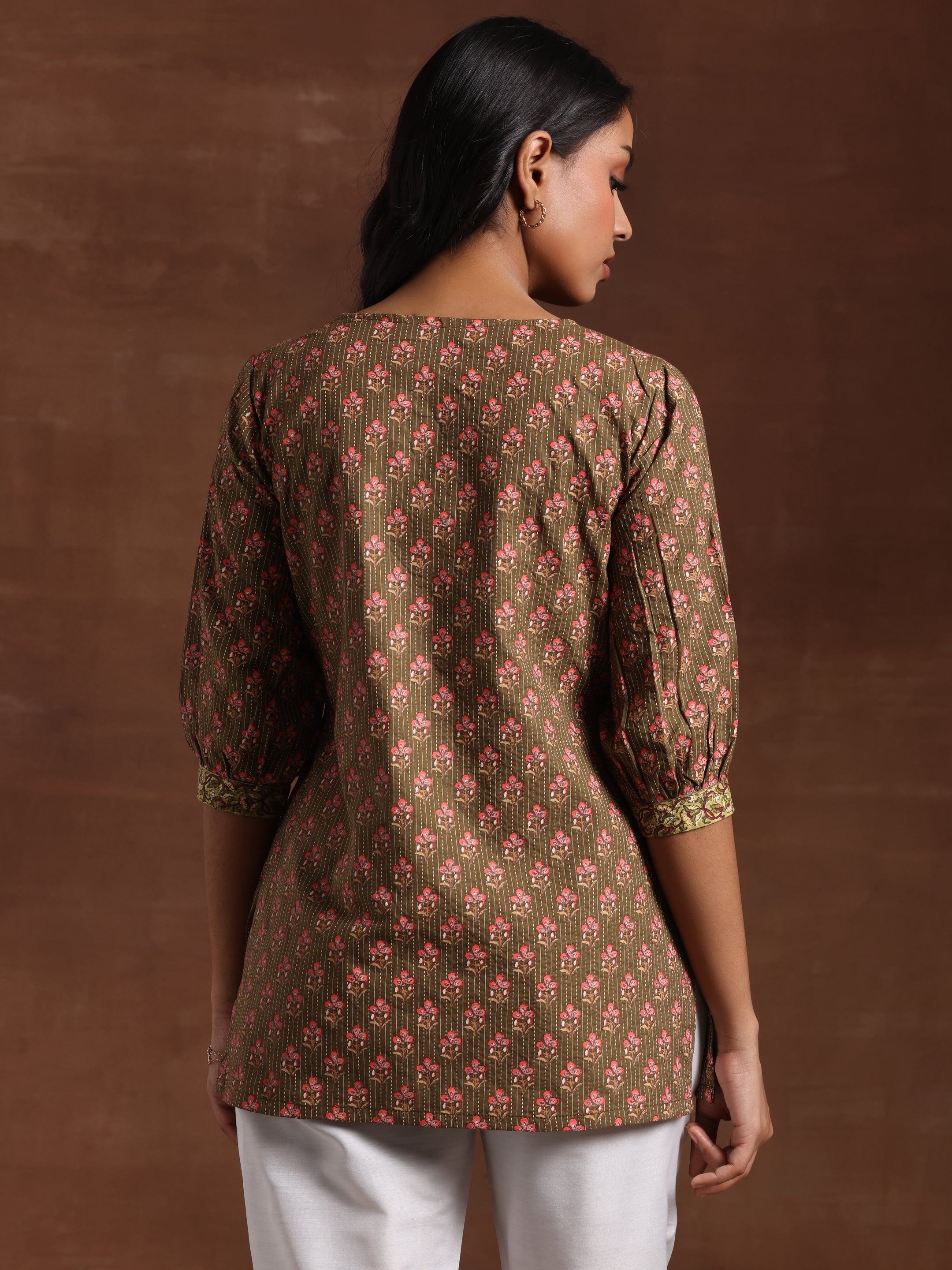 Olive Printed Cotton Straight Kurti