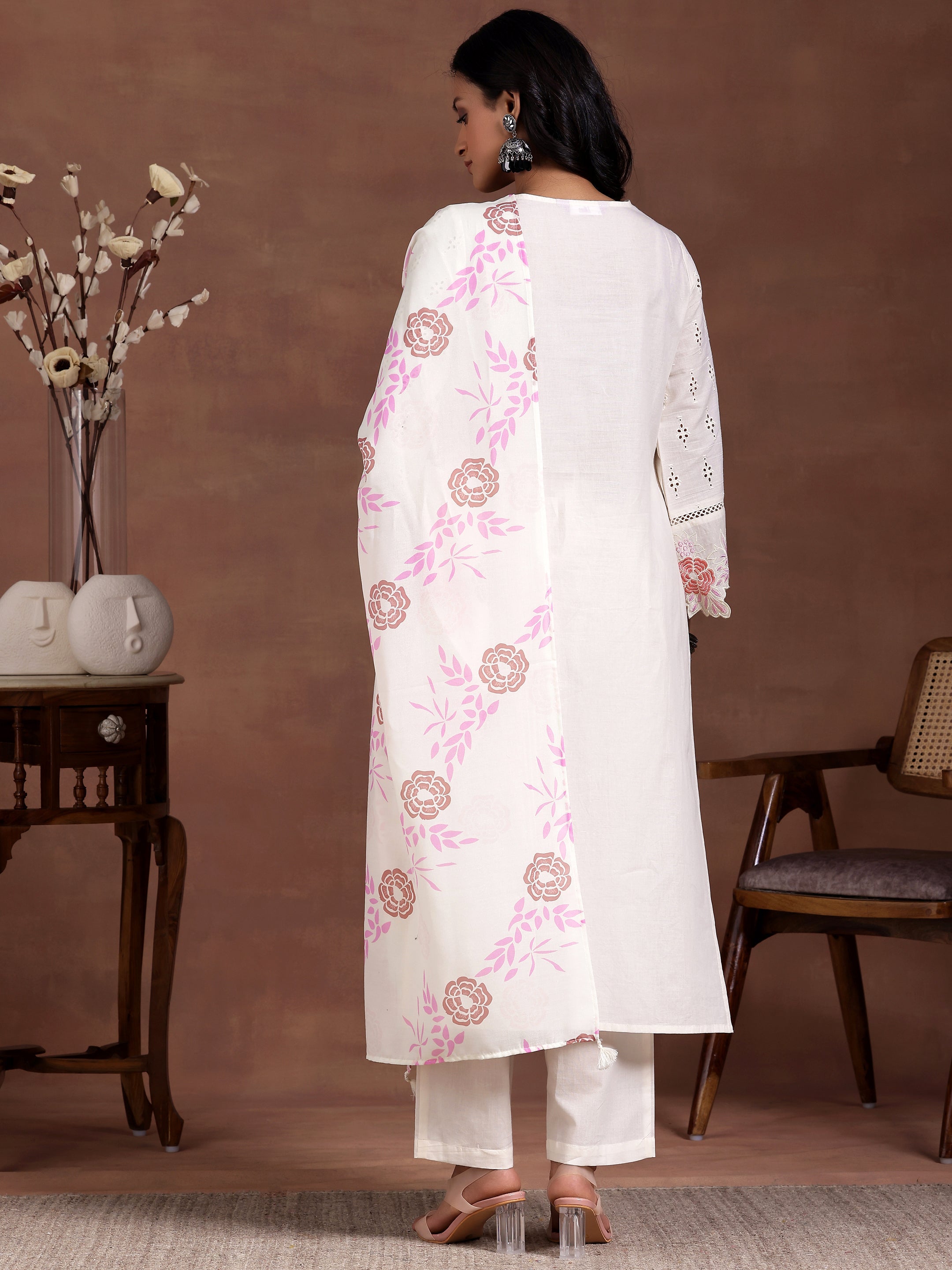 Off white Self Design Cotton Straight Suit With Dupatta