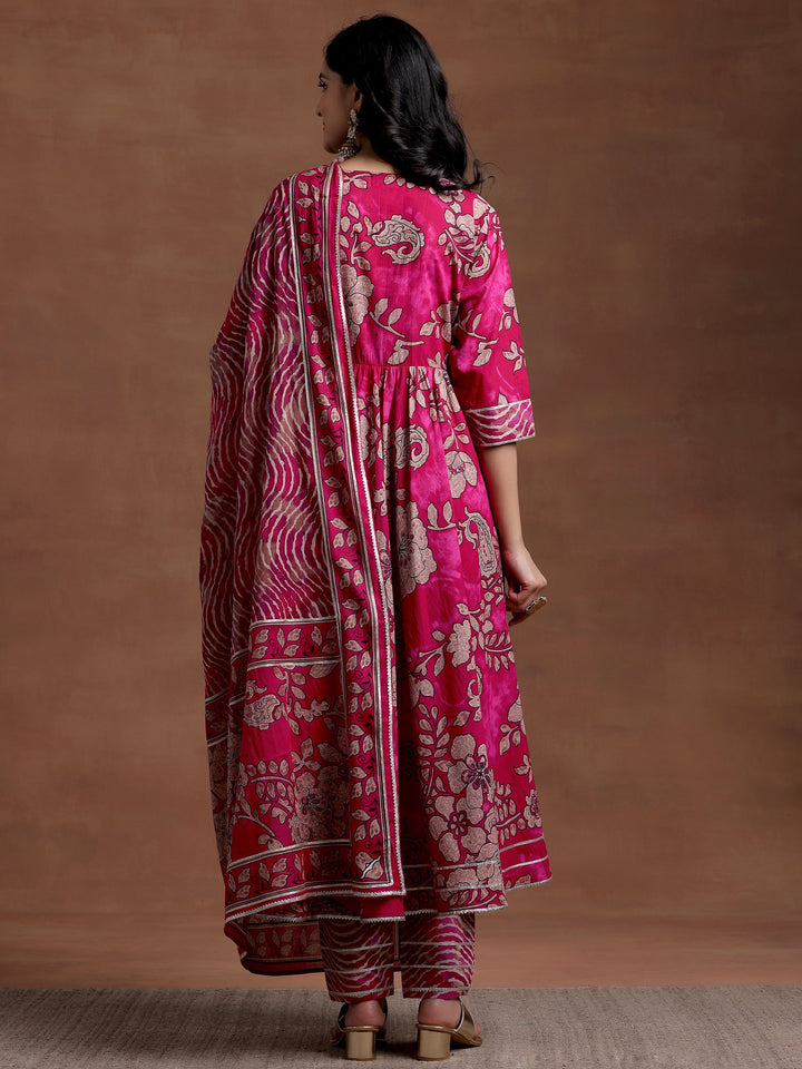 Magenta Printed Cotton Anarkali Suit With Dupatta