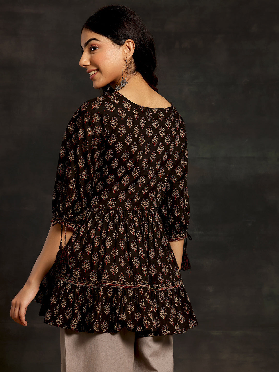 Black Printed Cotton A-Line Kurti