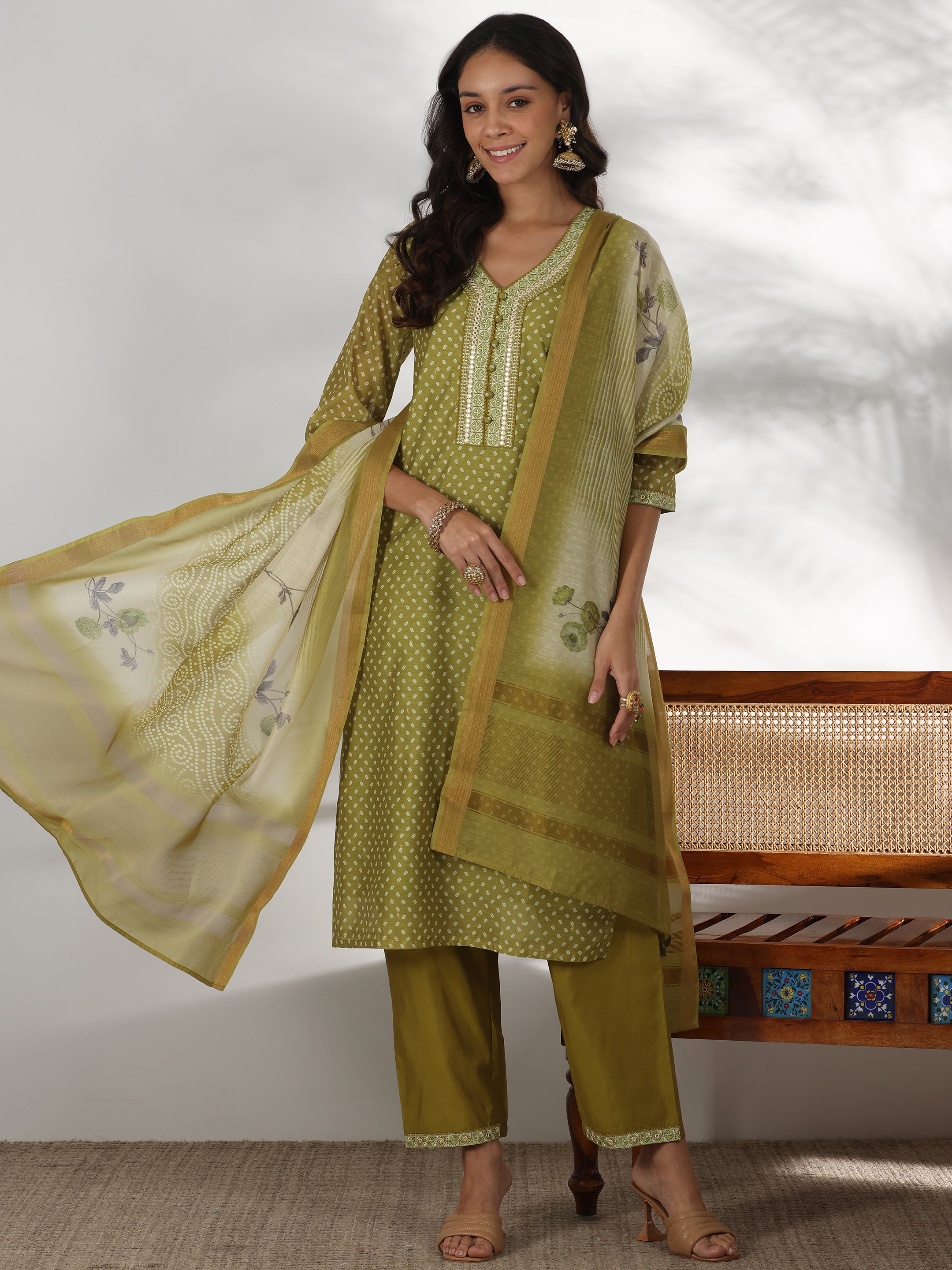 Green Printed Silk Blend Straight Suit With Dupatta