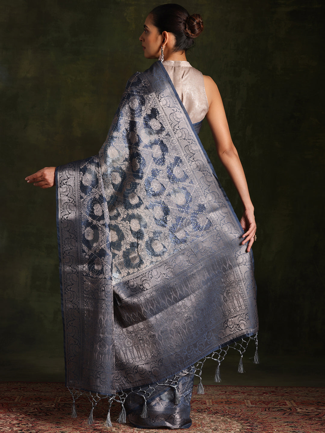 Blue Woven Design Brocade Saree With Unstitched Blouse Piece