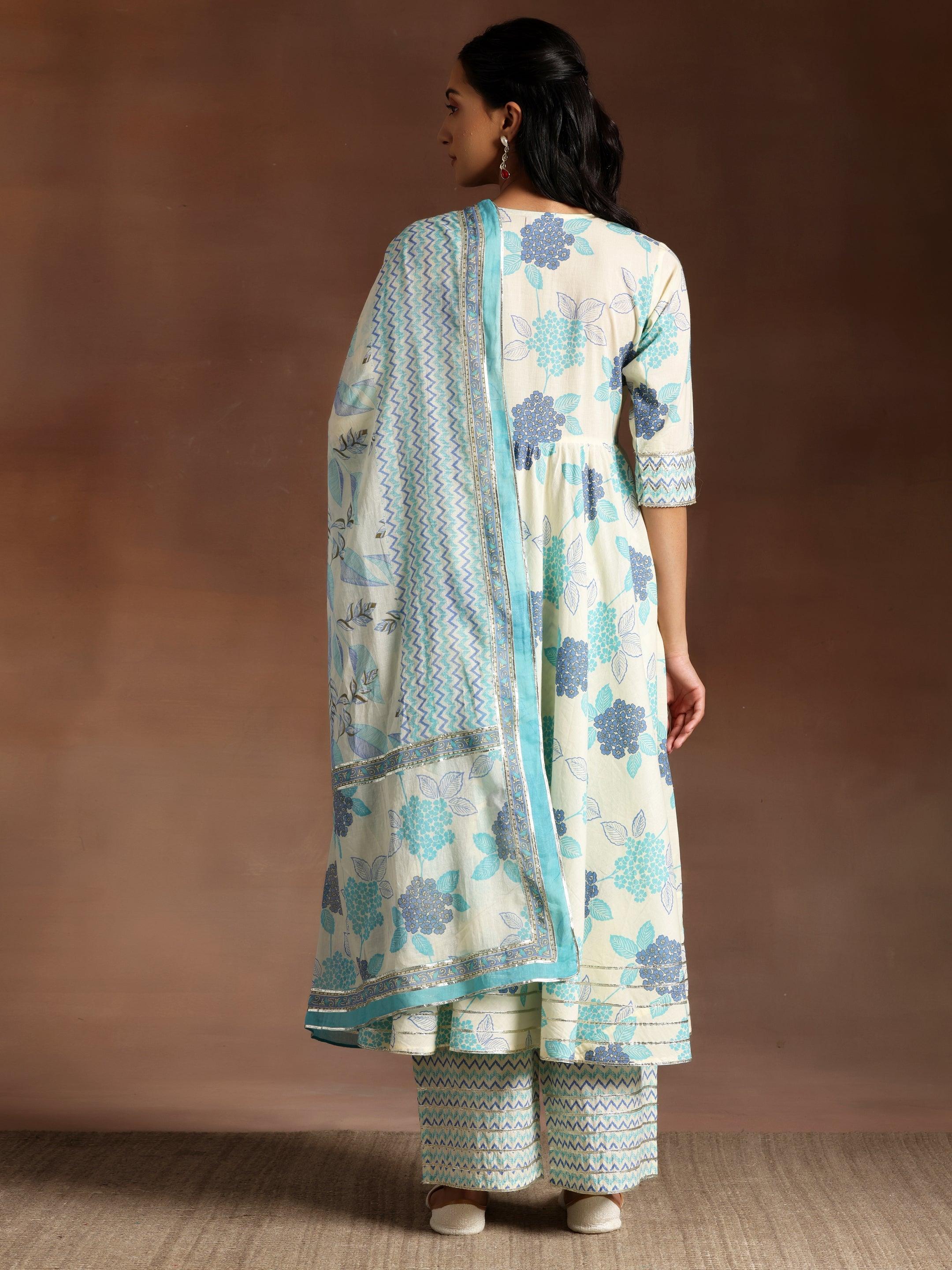 Turquoise Printed Cotton Anarkali Suit With Dupatta