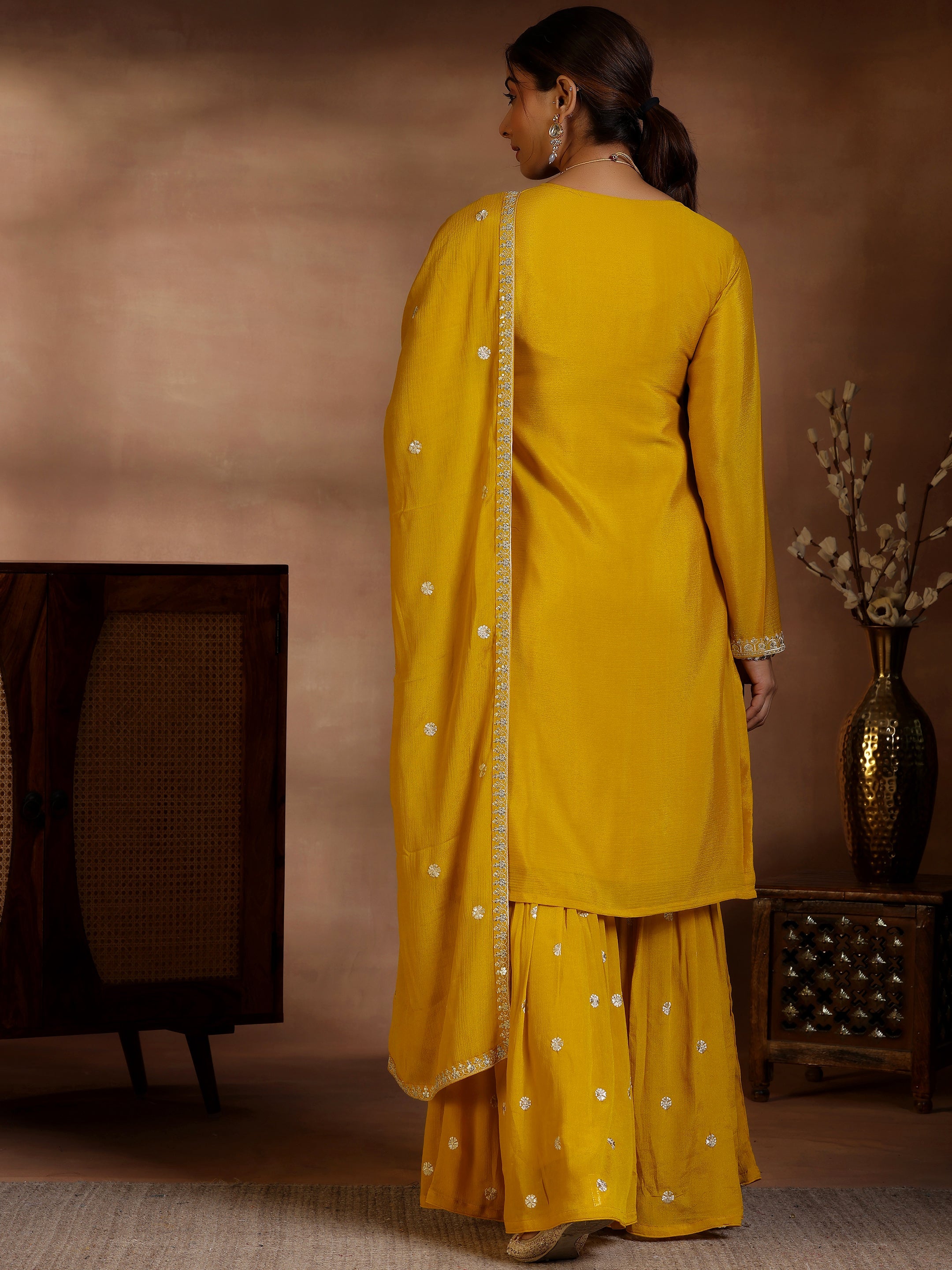 Mustard Embroidered Silk Blend Straight Suit With Dupatta