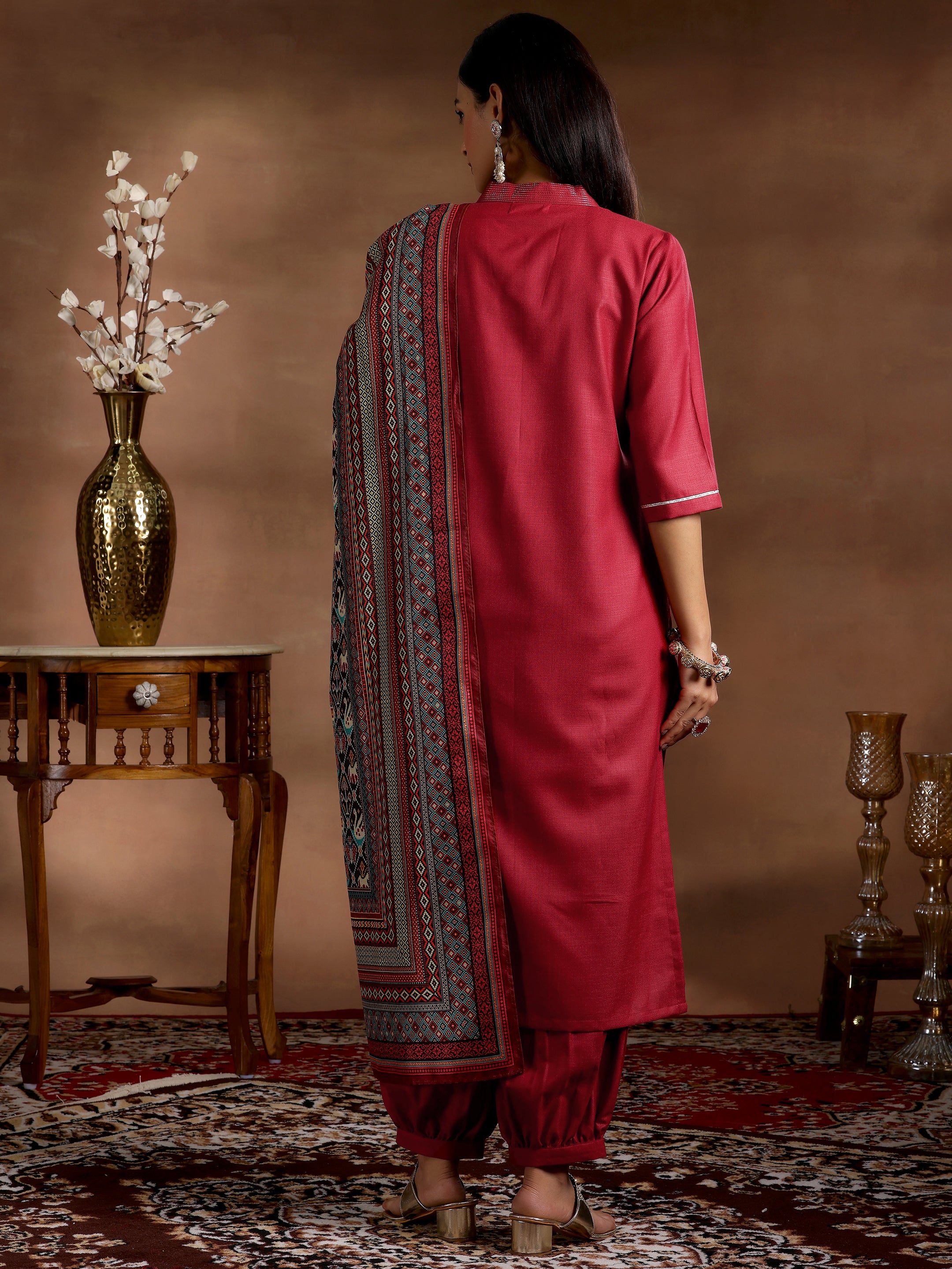 Maroon Solid Silk Blend Straight Suit With Dupatta