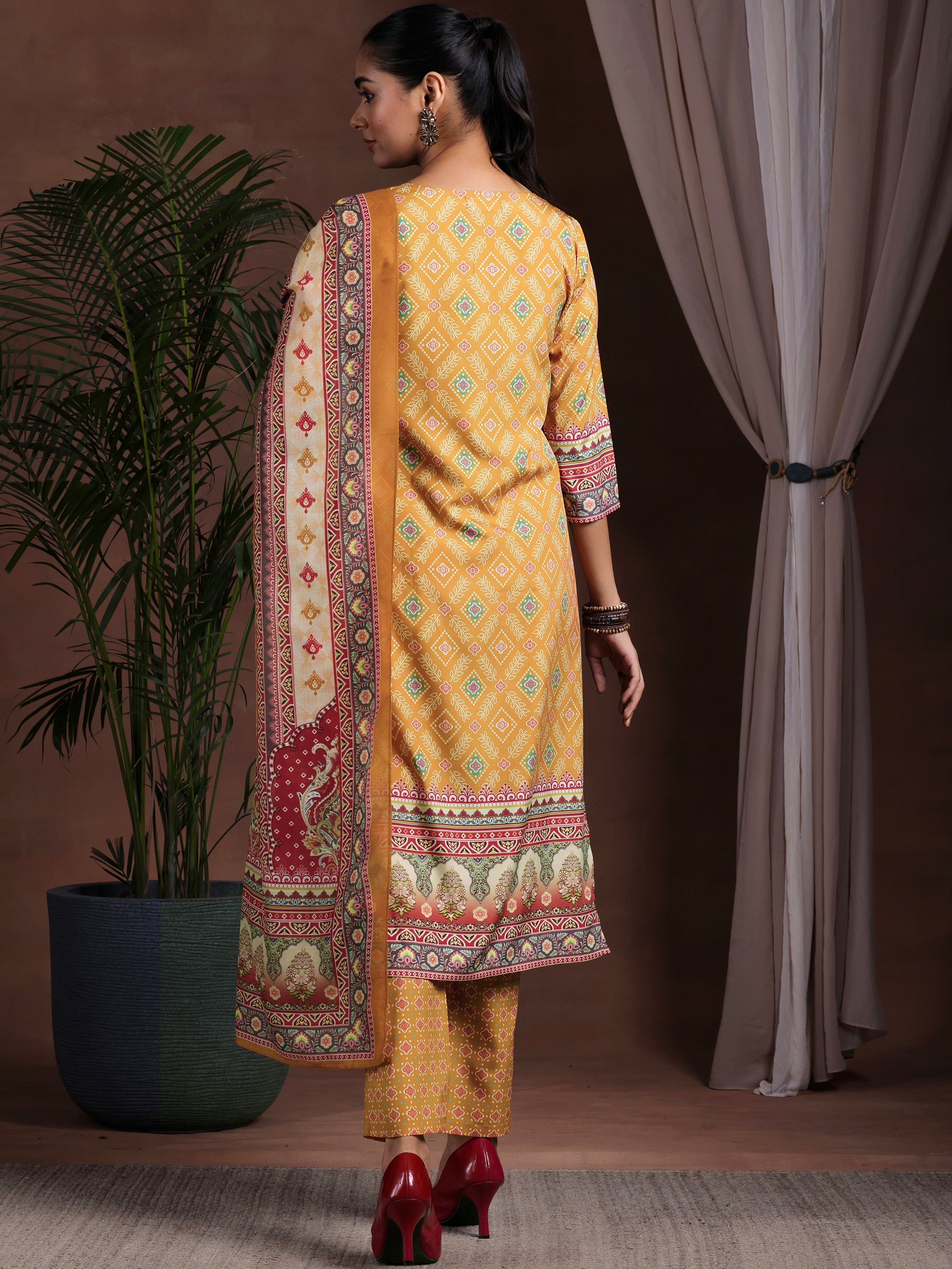 Mustard Printed Poly Crepe Straight Suit With Dupatta