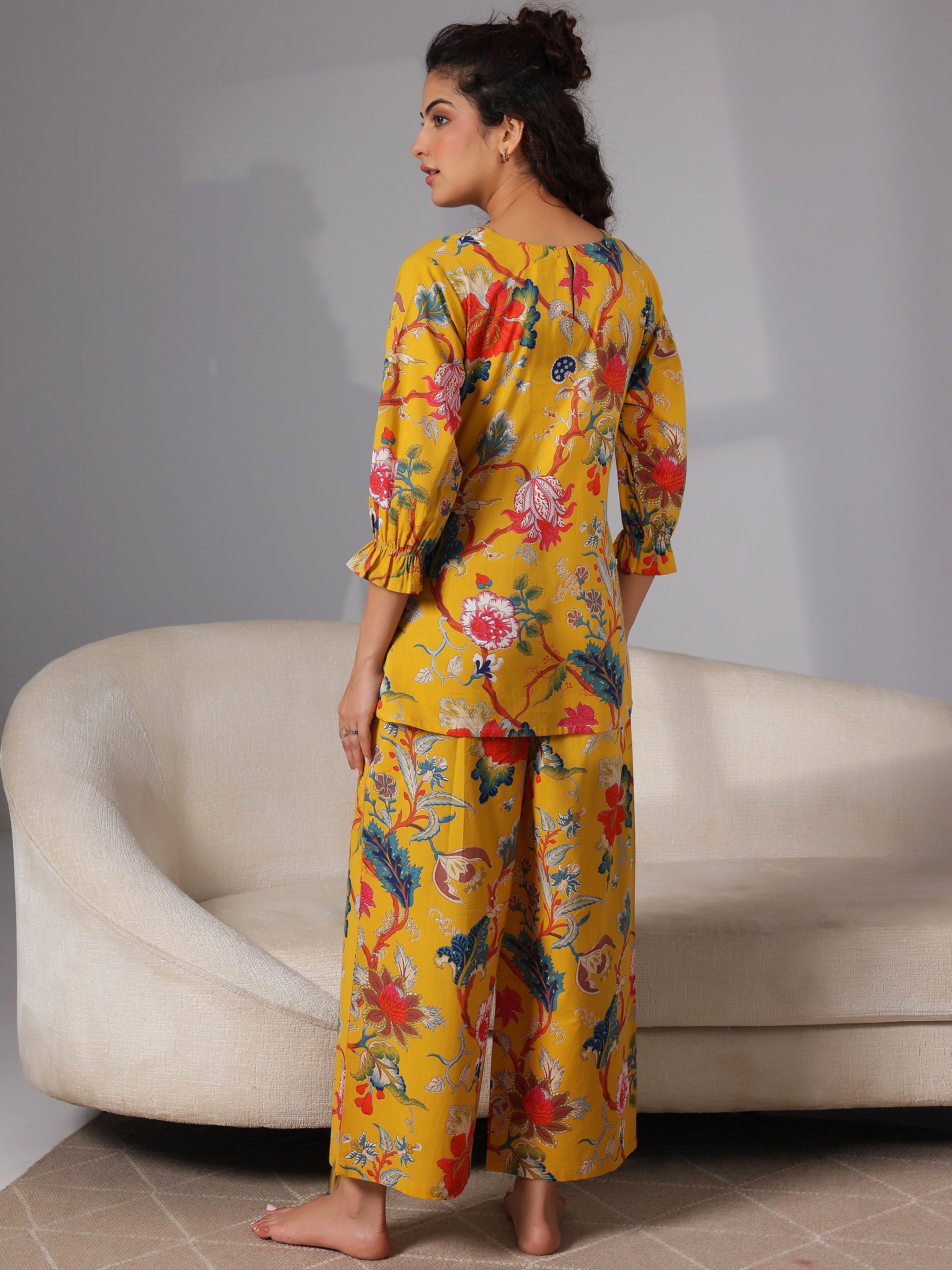 Mustard Printed Cotton Night Suits