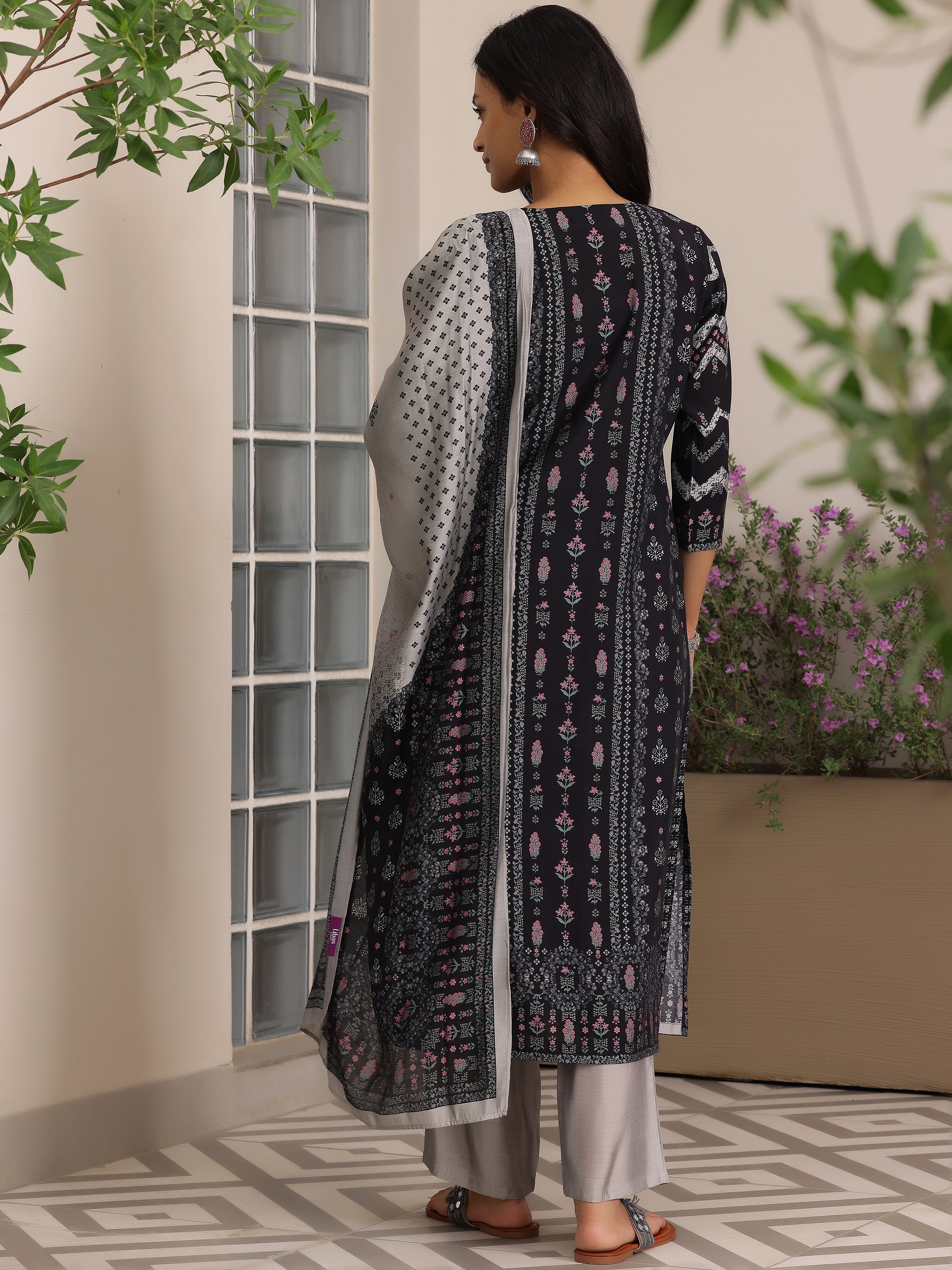 Black Printed Silk Blend Straight Suit With Dupatta