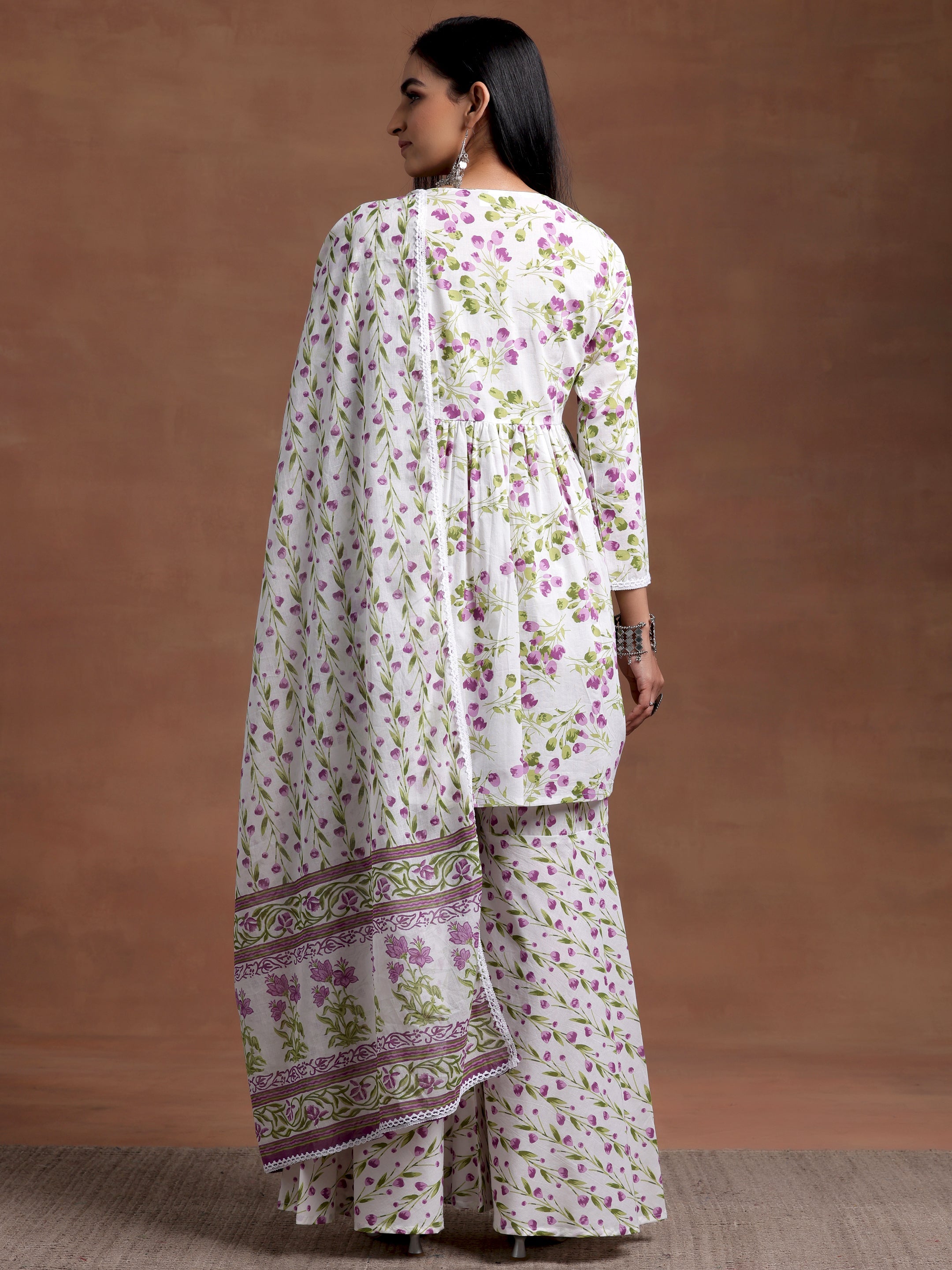 Off White Printed Cotton A-Line Kurta With Sharara & Dupatta