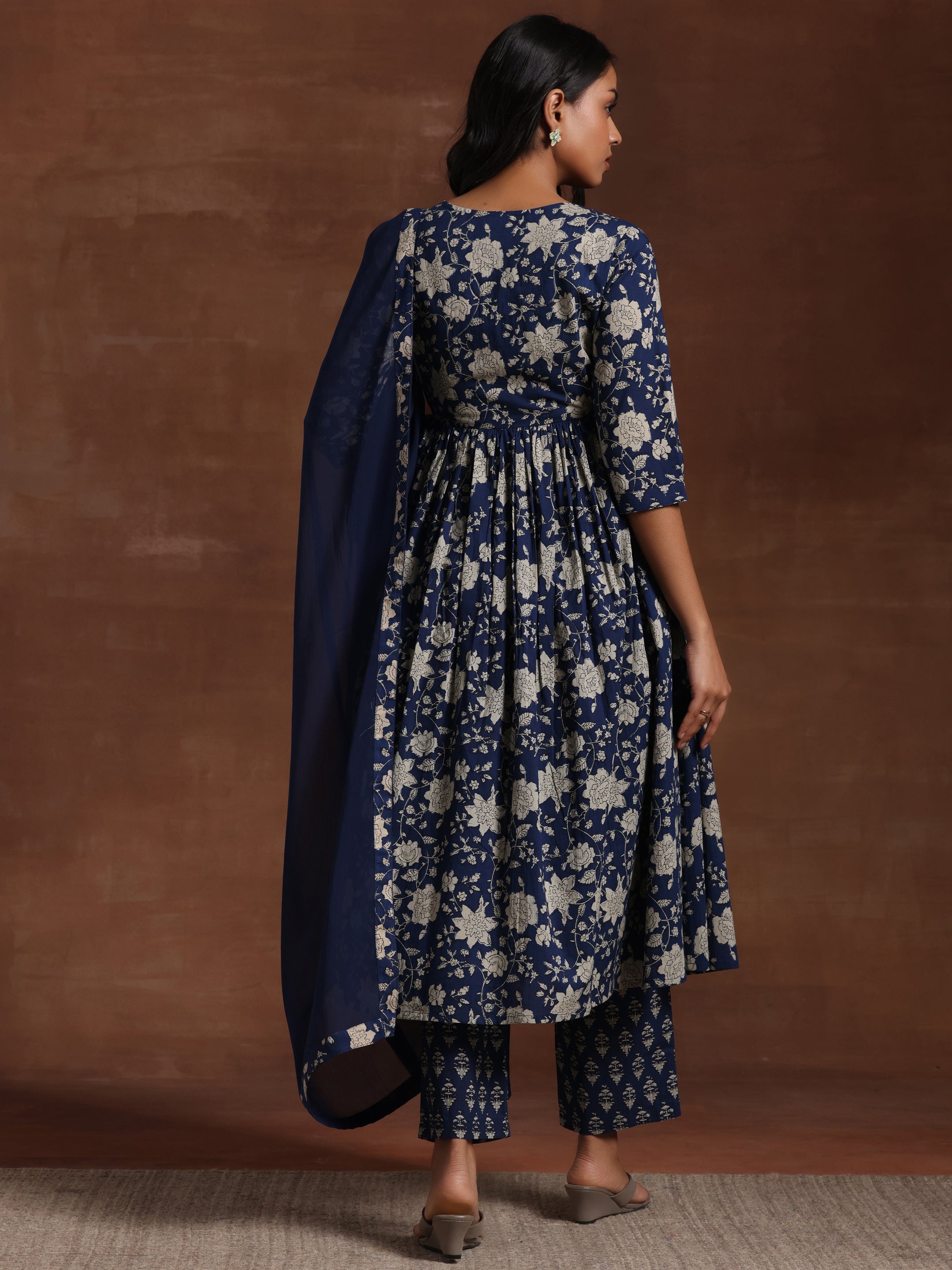 Blue Printed Pure Cotton Anarkali Suit With Dupatta