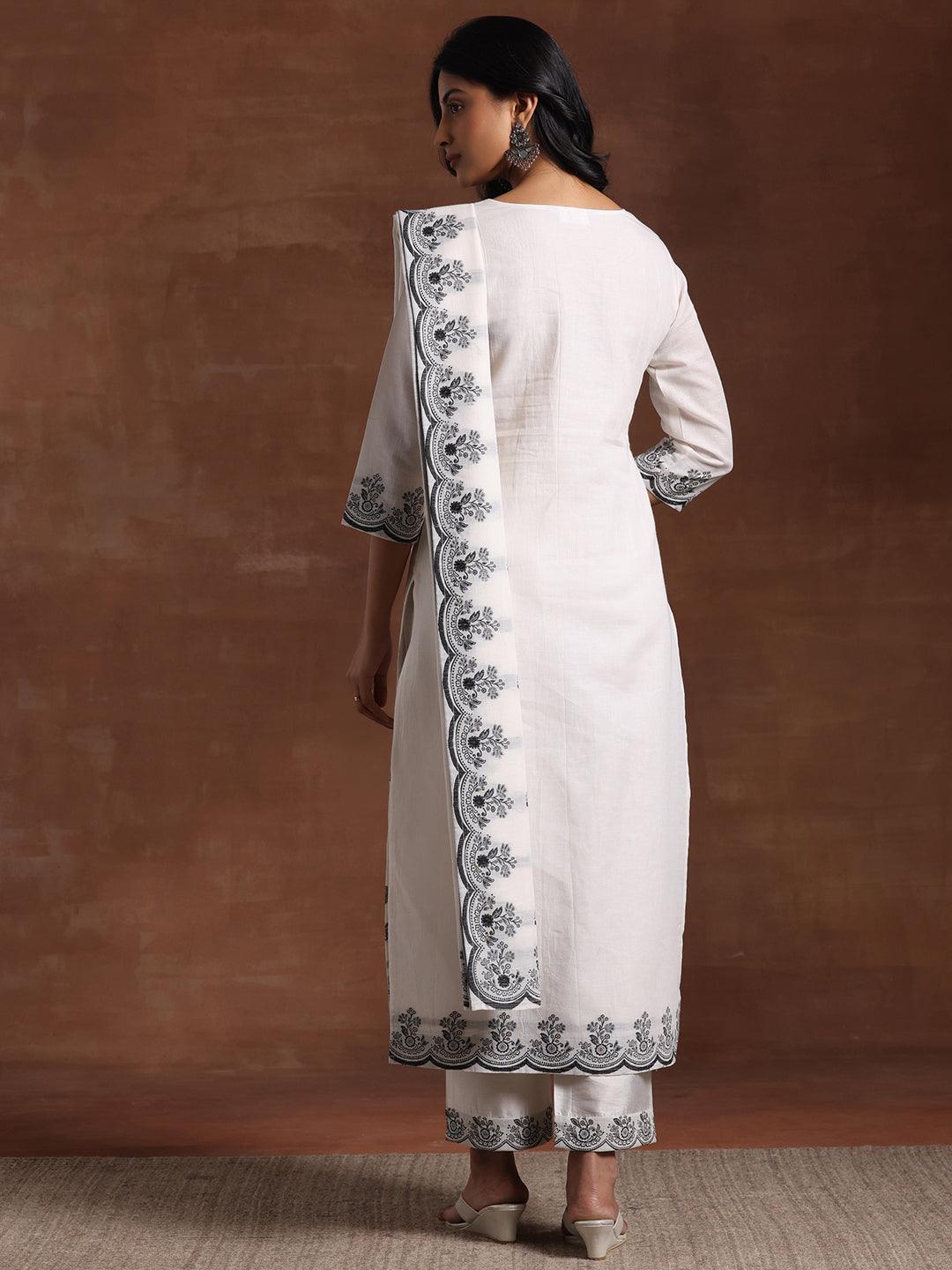 White Woven Design Cotton Straight Suit With Dupatta