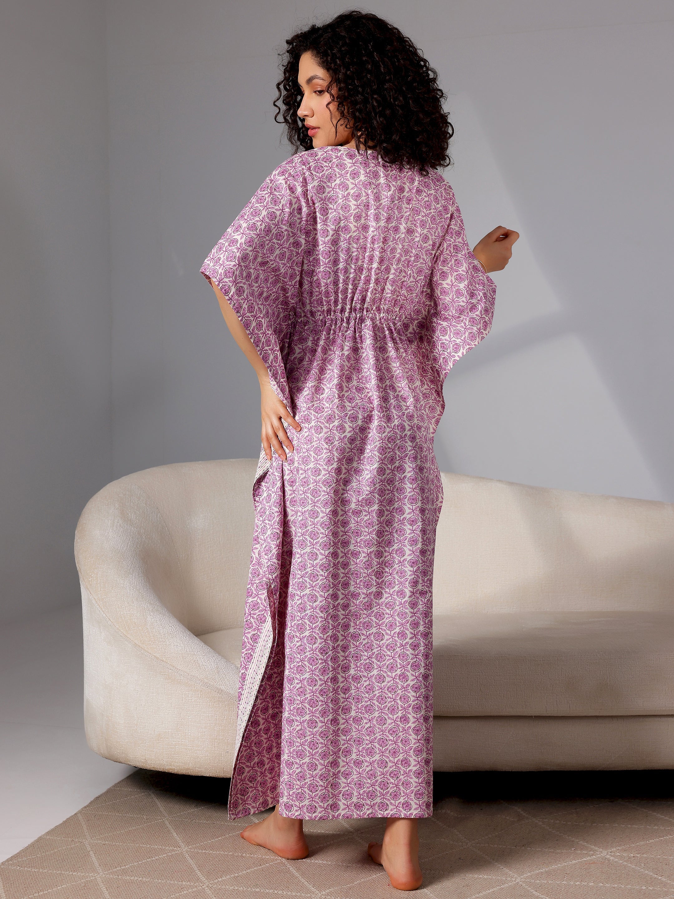 Purple Printed Cotton Kaftan Night Dress