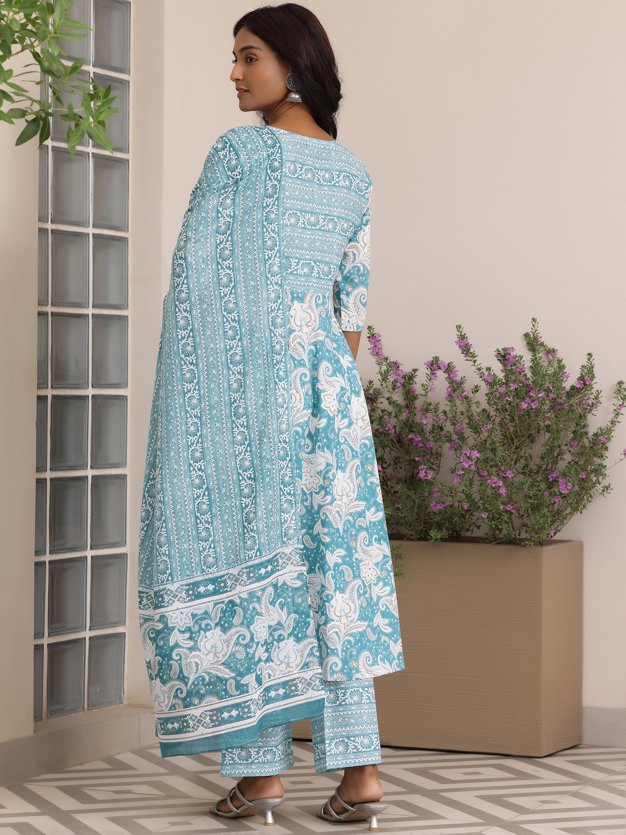 Blue Printed Cotton Anarkali Suit With Dupatta