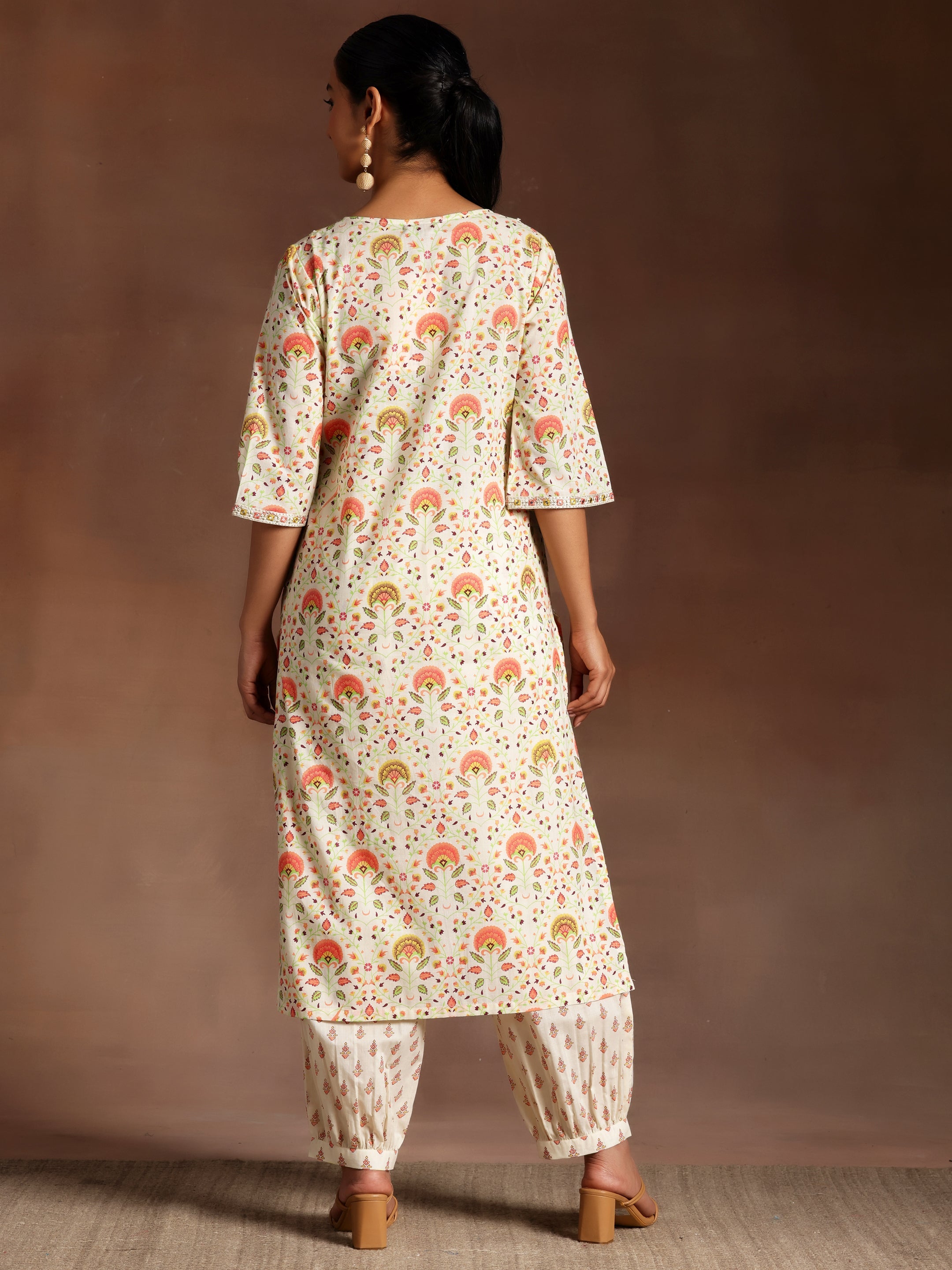 Off White Printed Cotton Straight Kurta Set