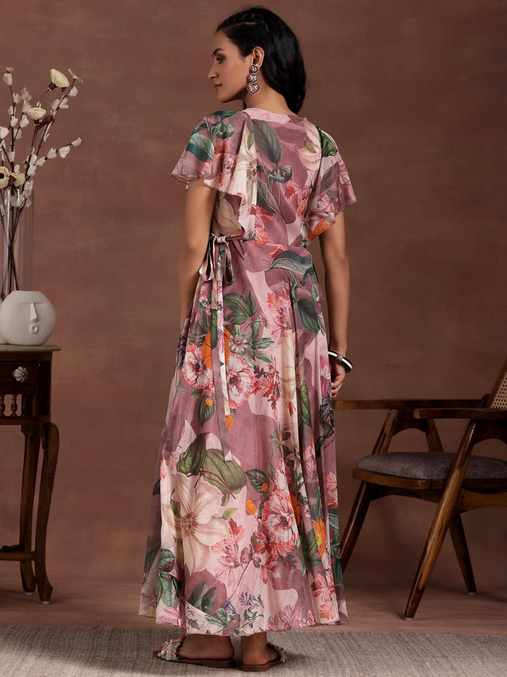 Mauve Printed Chiffon A-Line Dress With Belt - Libas